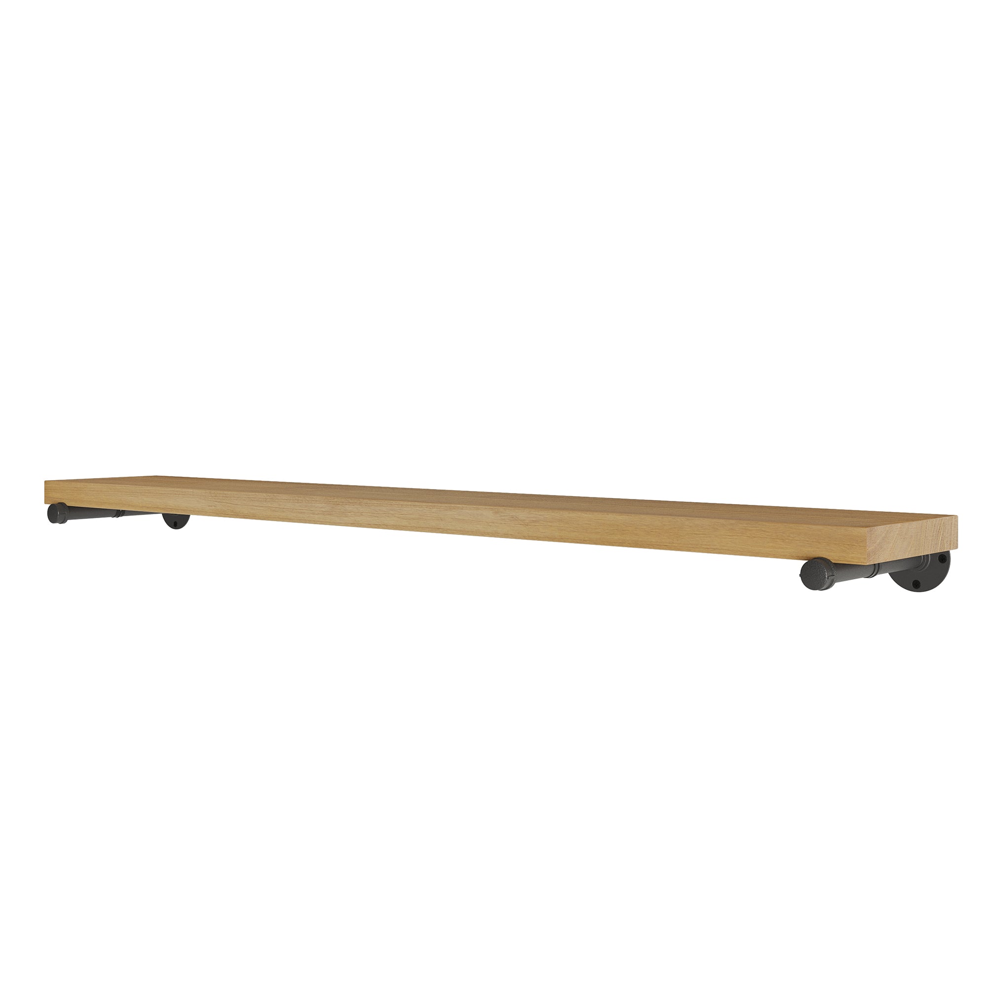 Extra long 60 inch shelf with a rich golden oak finish and durable metal pipe brackets. A versatile wood shelf for wall décor, office organization, living room displays, or floating bookshelf storage solutions.