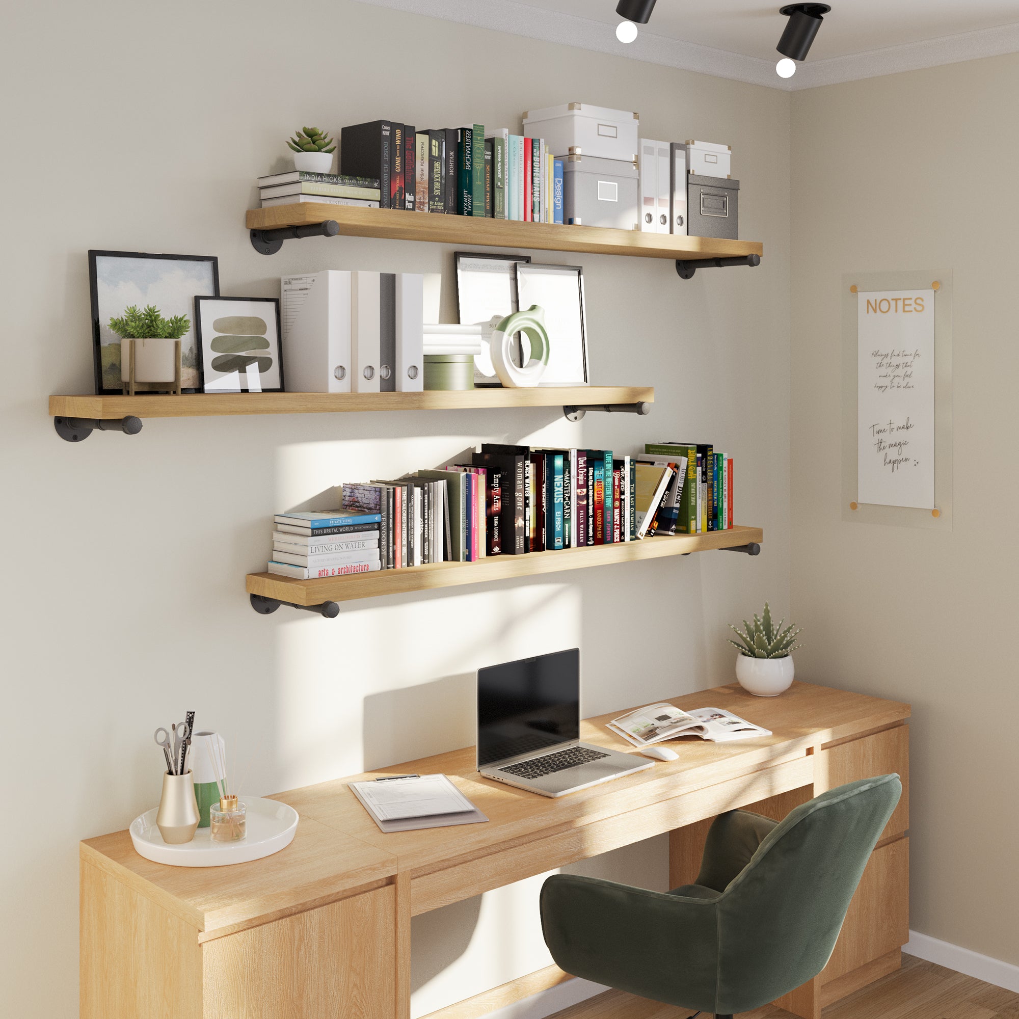 Golden oak wall shelves create stylish vertical storage in a home office setup. These long floating shelves offer functional organization for books, décor, storage bins, and workspace essentials with industrial farmhouse appeal.