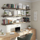 Dark walnut industrial pipe shelves transform office walls into organized storage space. These 72 inch long floating shelves are ideal for books, storage boxes, décor, workspace organization, and modern farmhouse interiors.