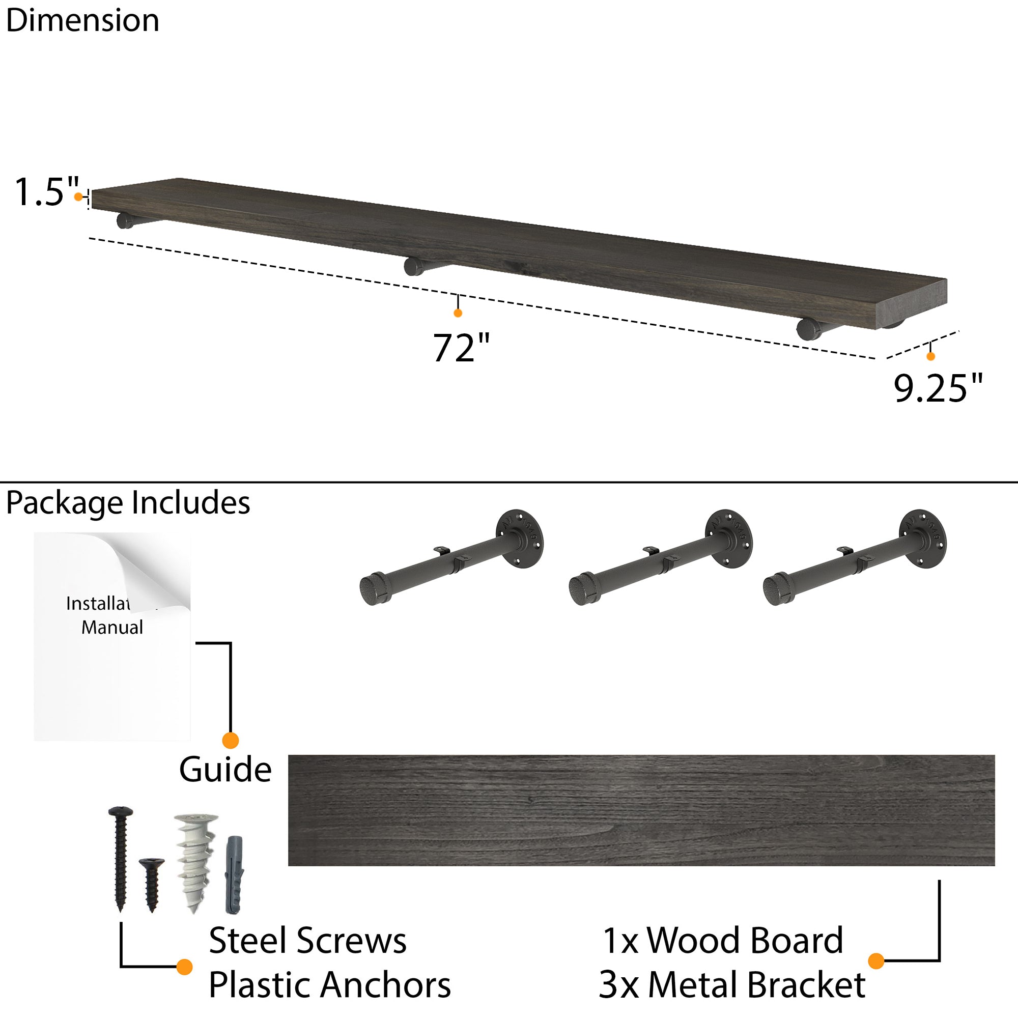 72” industrial pipe shelf dimensions feature a spacious 9.25” deep and 1.5” thick wood board in rich ebony finish. Includes 3 heavy-duty pipe brackets, screws, anchors, and installation guide for secure wall mounting.