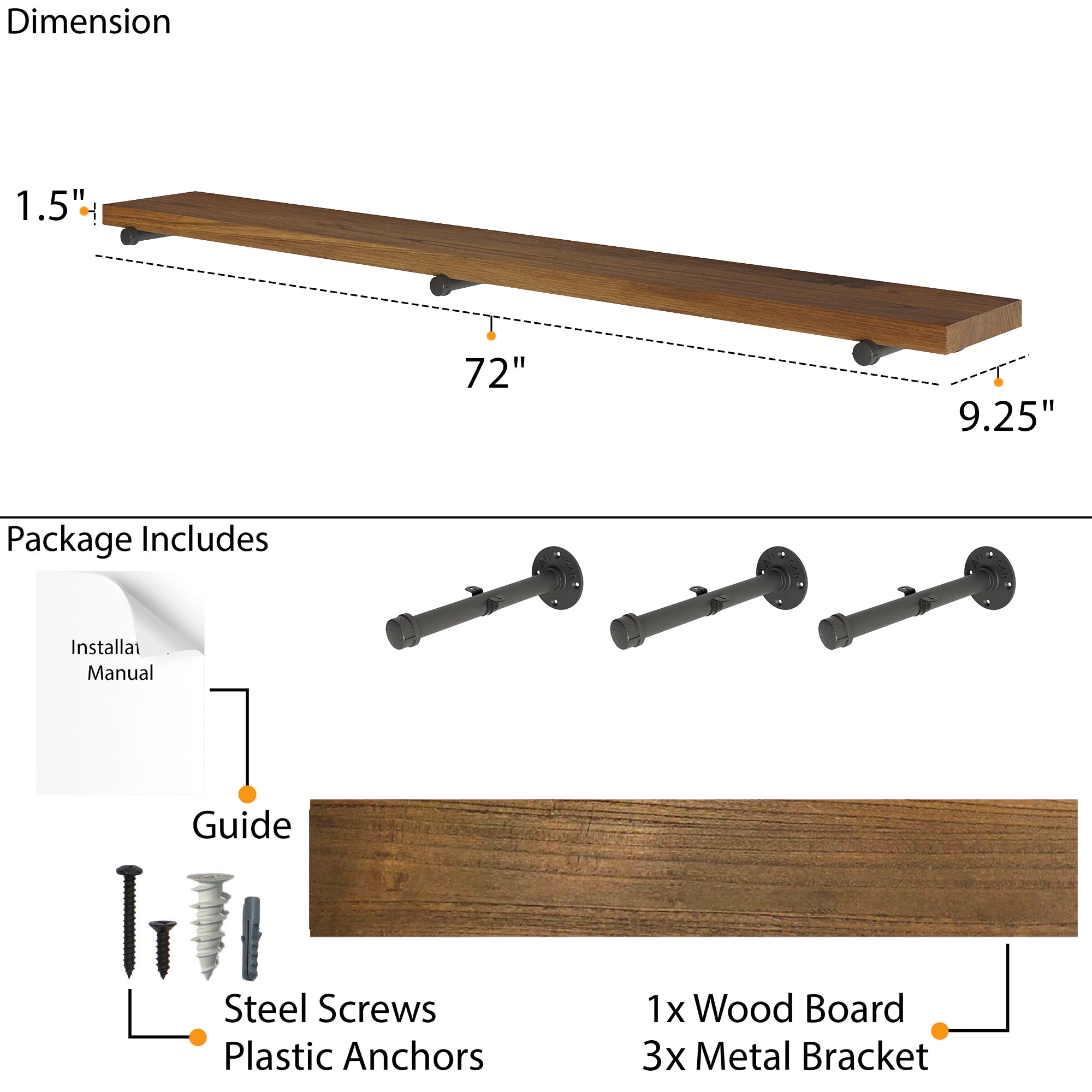 72 inch real wood hanging shelf dimensions featuring a 9.25” deep and 1.5” thick wood board in provincial finish. Includes 3 heavy-duty pipe brackets, screws, anchors, and installation guide for secure wall mounting.