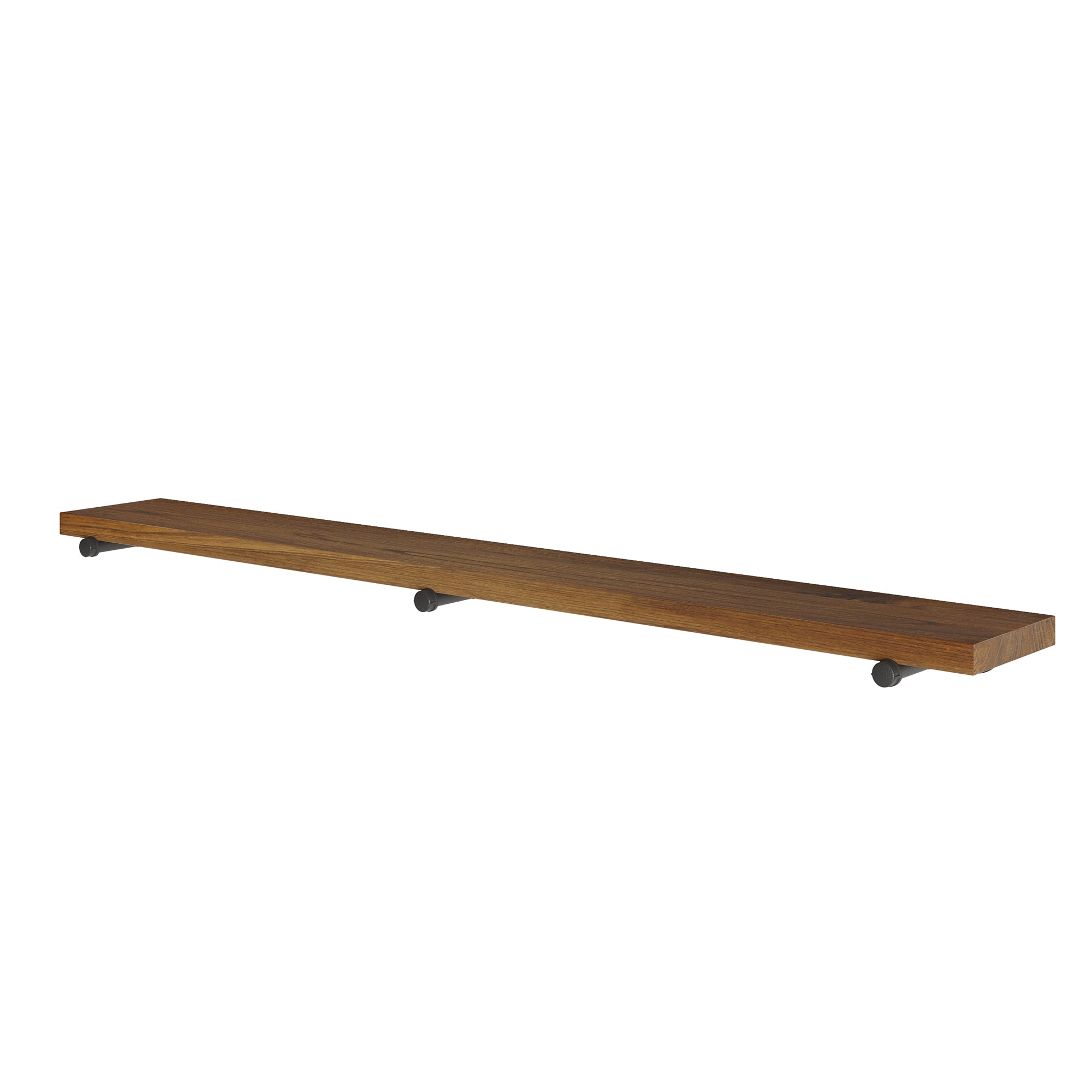 72” long wooden shelf for wall decor with a provincial finish and durable black metal pipe brackets. This extra long wood shelf offers stylish wall organization for books, décor, storage baskets, and decorative display accents.