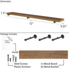 72 inch industrial pipe shelf dimensions with a 9.25” deep, 1.5” thick wood board in Special Walnut finish. Includes 3 heavy-duty pipe brackets, screws, anchors, and installation guide for secure wall mounting.