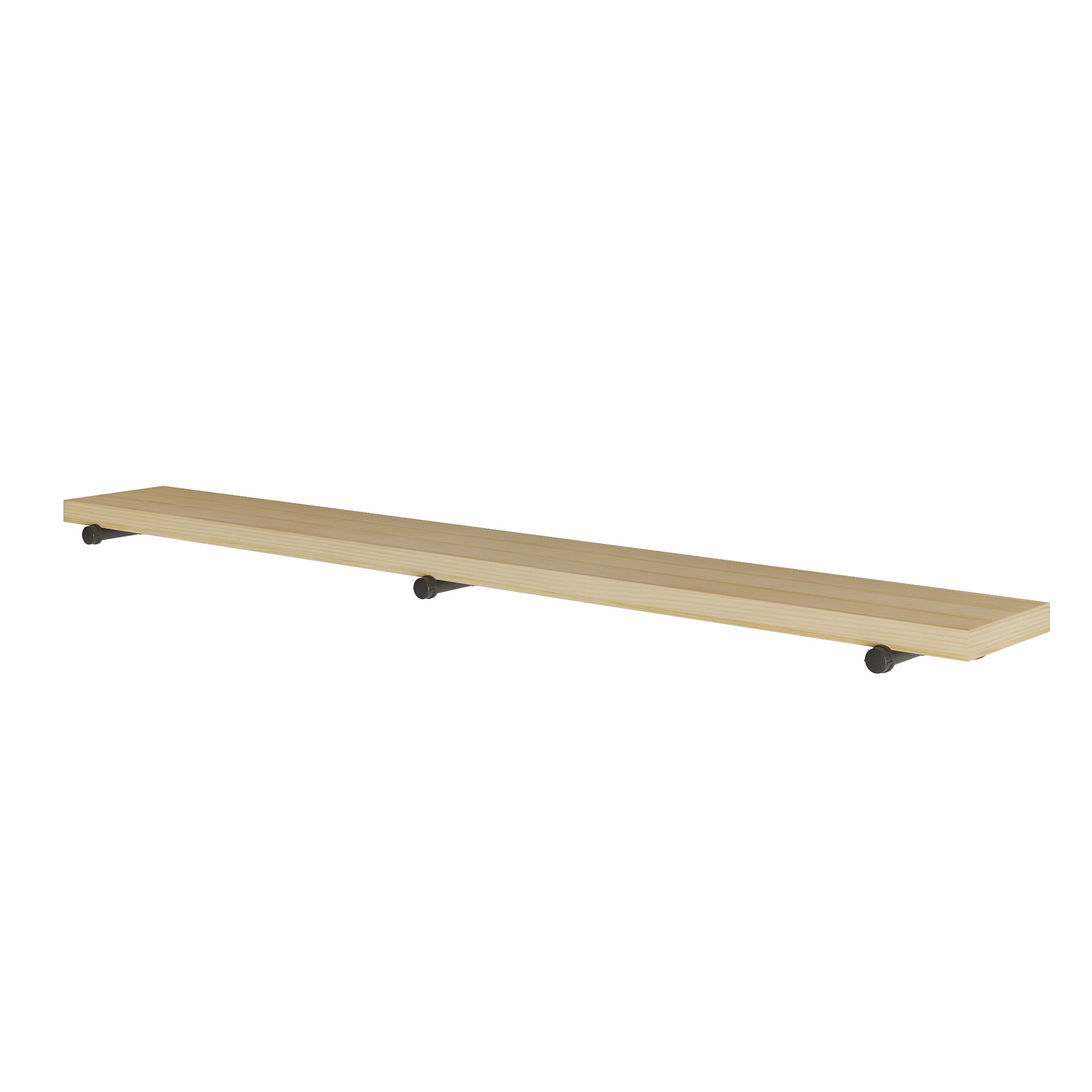 72” extra long floating pipe shelf with a natural no-finish wood board and sturdy black metal brackets. A hand-sanded wooden wall shelf designed for living room décor, kitchen storage, office organization, and bookshelf display.