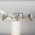 72 inch industrial pipe shelf with a natural sanded wood surface, sanded smooth for a clean organic look. This extra long wall shelf pairs black pipe brackets with minimalist décor for rustic, Scandinavian, farmhouse, or modern interiors.