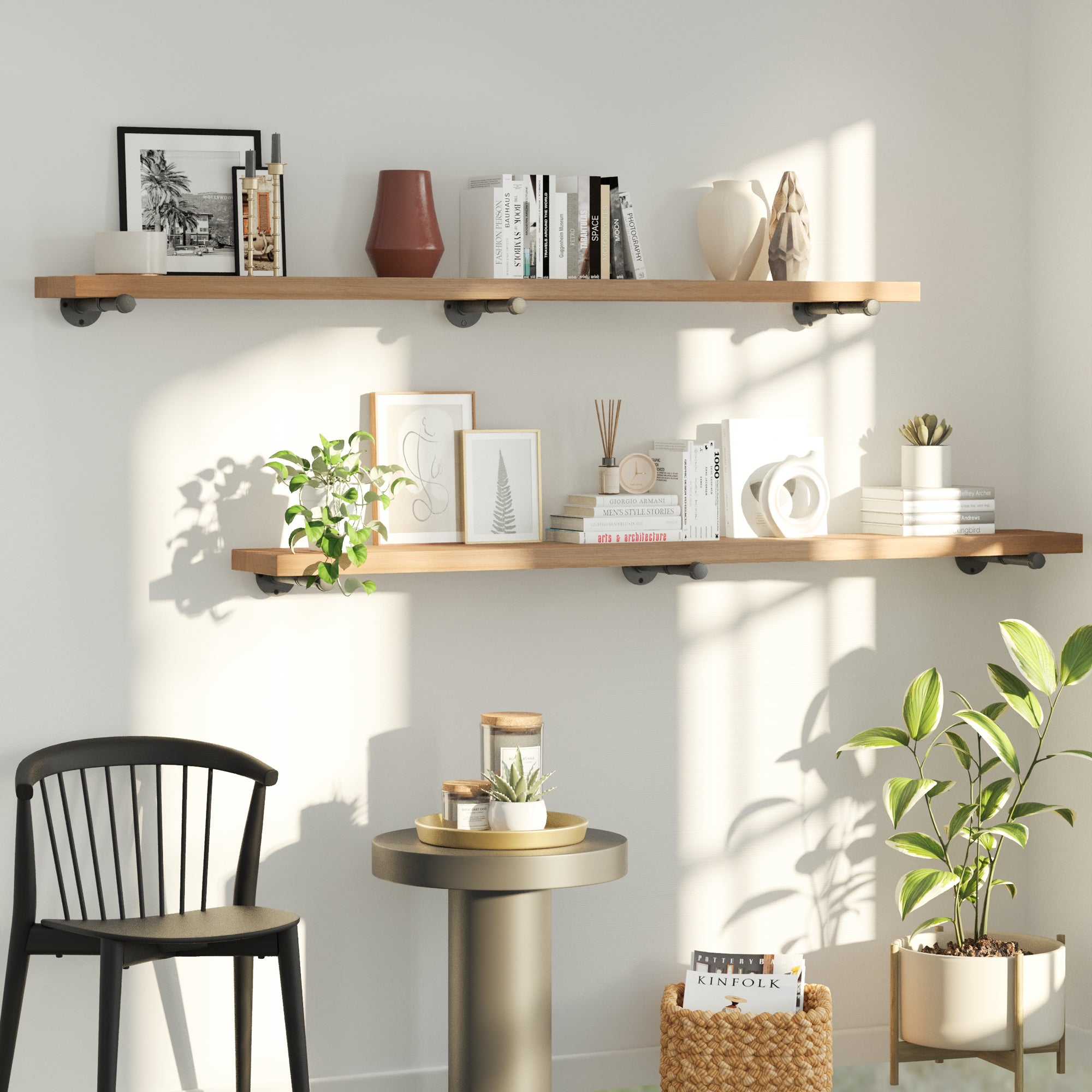 Golden oak wooden pipe shelves styled in a bright living space, offering open wall storage and decorative display. These 72 inch long shelves create a warm farmhouse aesthetic for books, plants, candles, and home accents.