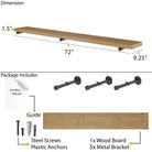 72” extra long industrial pipe shelf dimensions with a 9.25” deep, 1.5” thick golden oak wood board. Includes 3 industrial pipe brackets, screws, anchors, and installation guide for sturdy wall-mounted storage.