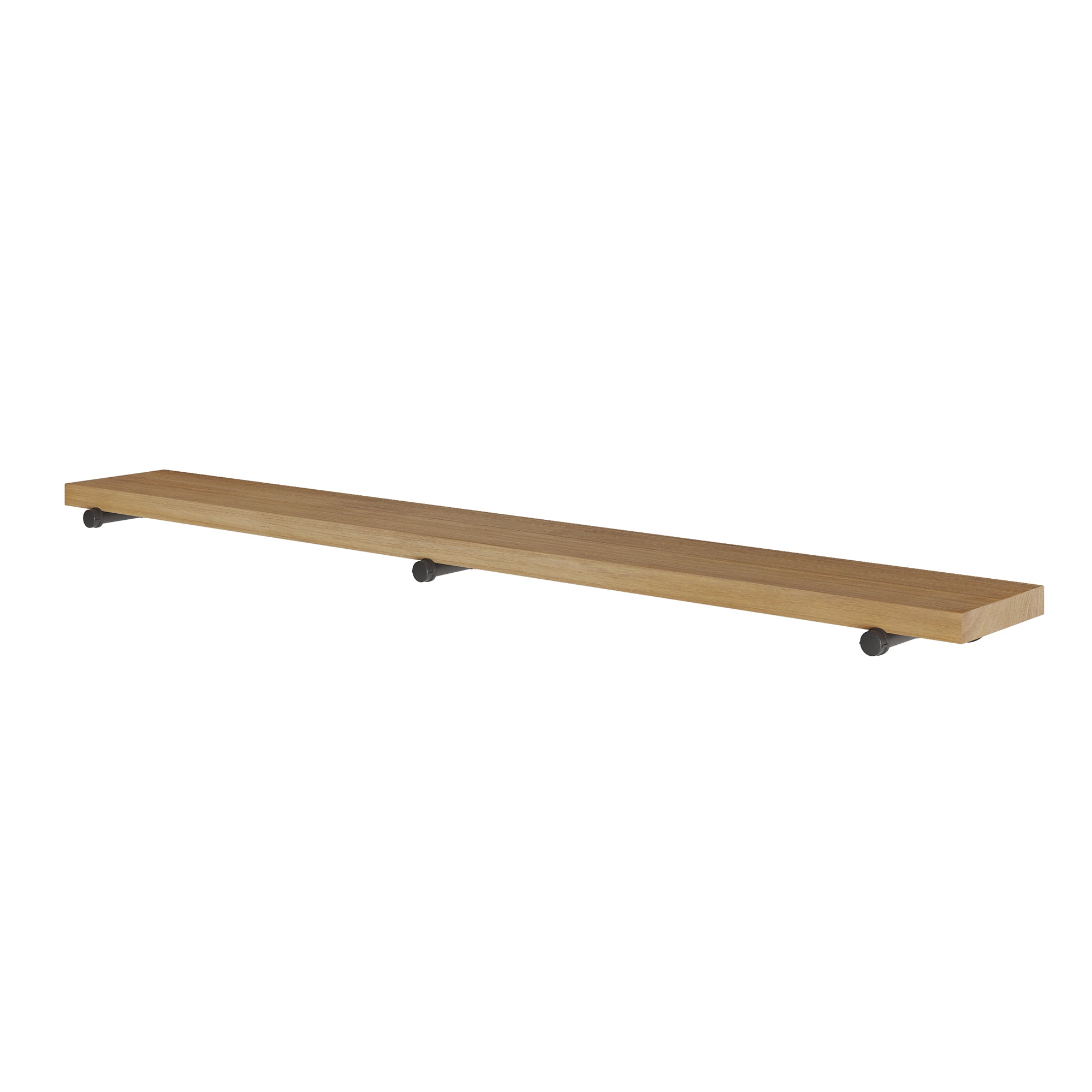 72 inch living room decor shelf with a smooth golden oak finish and sanded wood board for a clean natural texture. This long wall shelf includes black metal pipe brackets for durable kitchen, office, or living room organization.