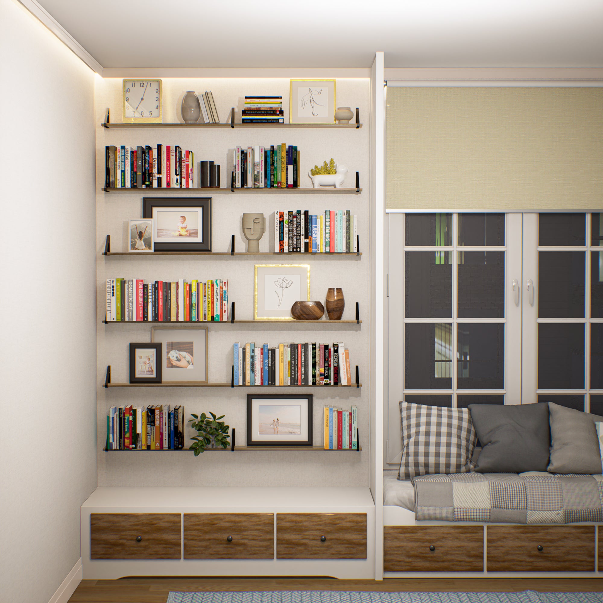 A well-organized shelving unit integrated into a cozy nook with drawers below and a variety of books and decorative items above.