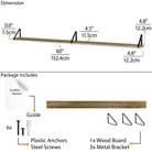 Diagram showing dimensions and package contents of a  60'' wood shelf, including brackets and screws for assembly.