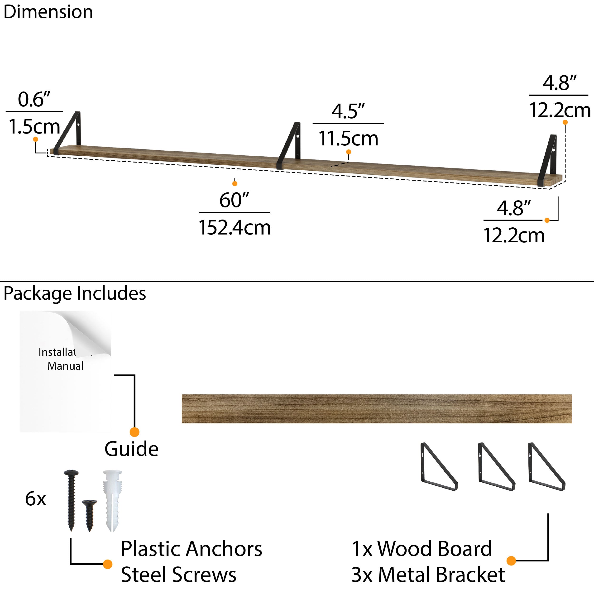 Diagram showing dimensions and package contents of a  60'' wood shelf, including brackets and screws for assembly.