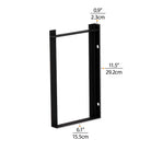 Dimensional diagram of a black rectangular shelf bracket with measurements.