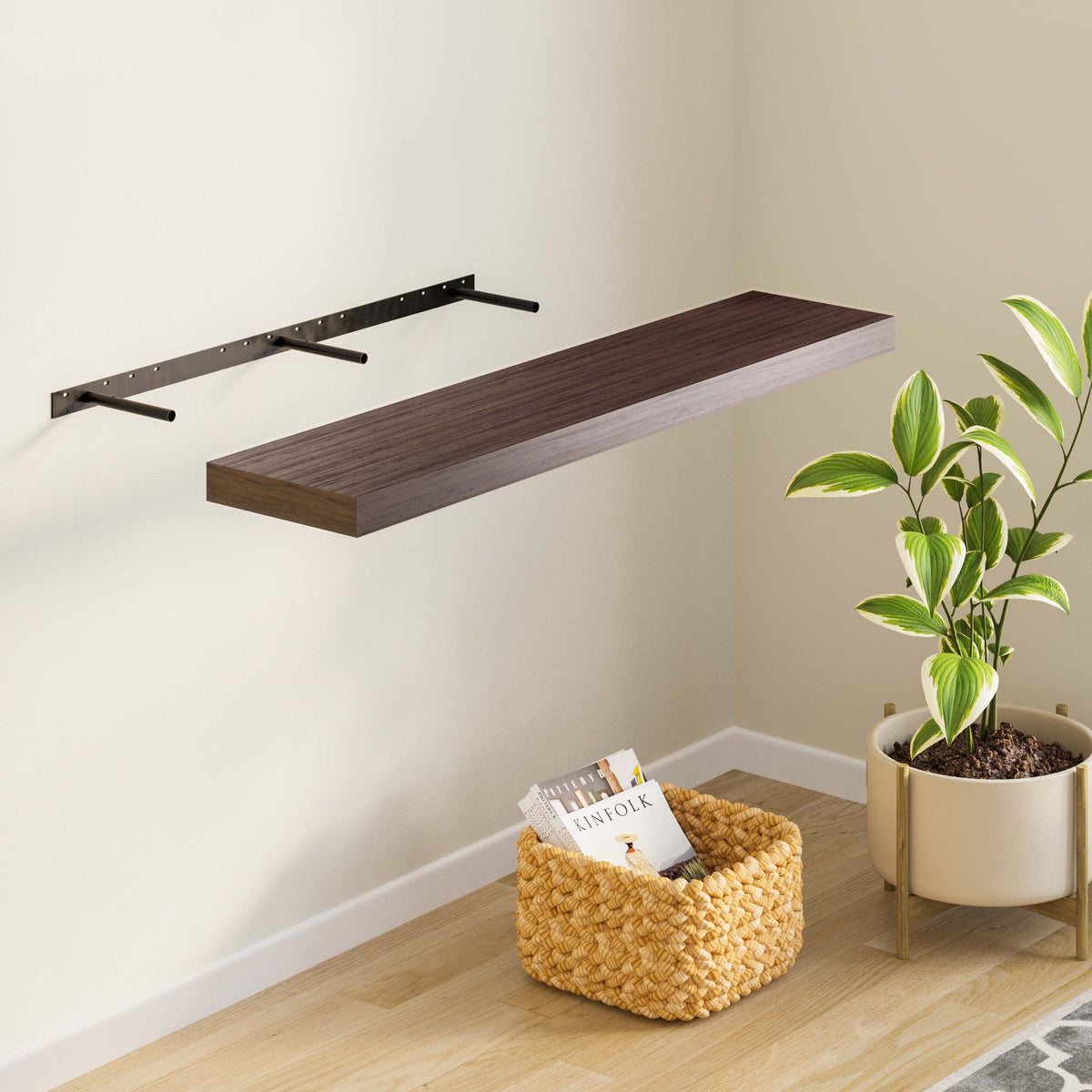 RONDA 48'' Hidden Bracket Shelf, Wood Shelves, Wall Storage Burnt ...