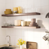 Rustic-style kitchen enhanced with wooden kitchen shelving walnut displaying a variety of colorful bowls, glasses, and kitchen accessories, providing both decoration and practicality.