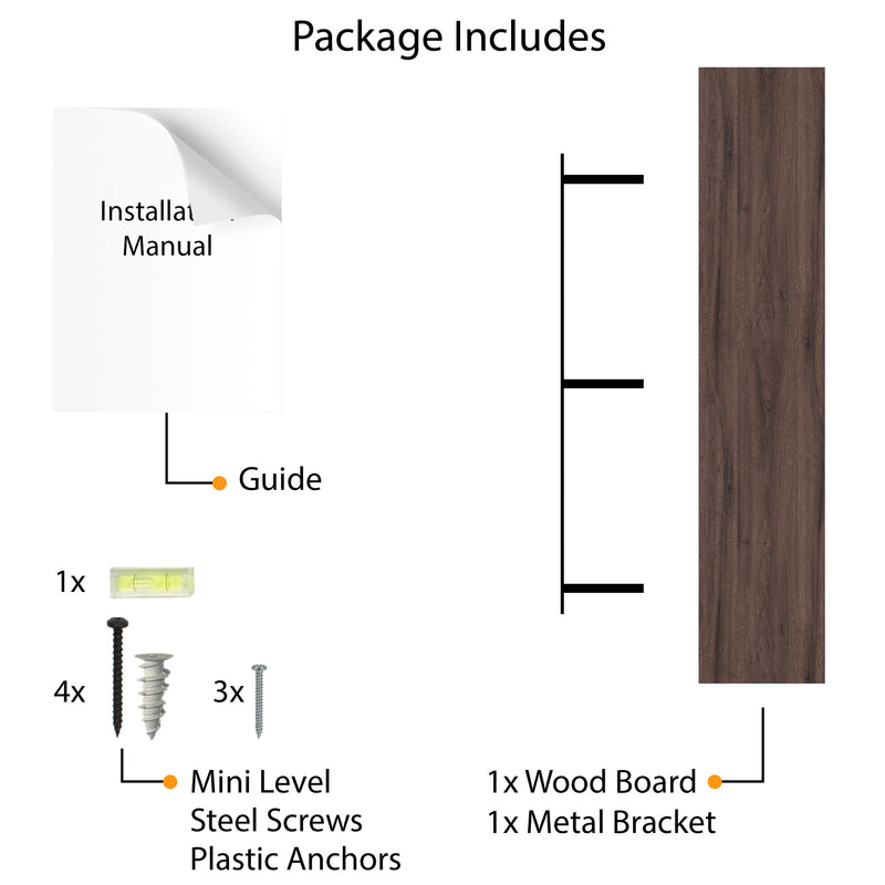 Illustration of a shelf package, showing included components like a 48'' wooden board walnut, metal bracket, screws, and a mini level, simplifying the DIY assembly process.