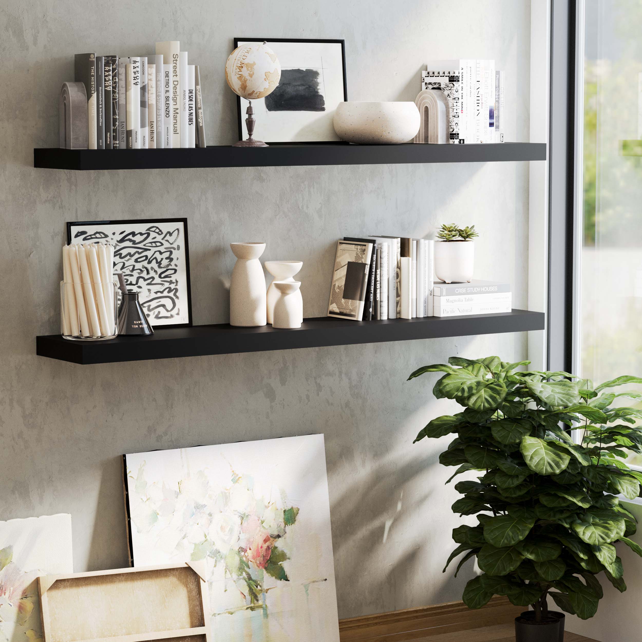 Wallniture Ronda 60 inch Floating Shelf Wall Shelves for Living Room Floating Bookshelves for Wall Black Shelf