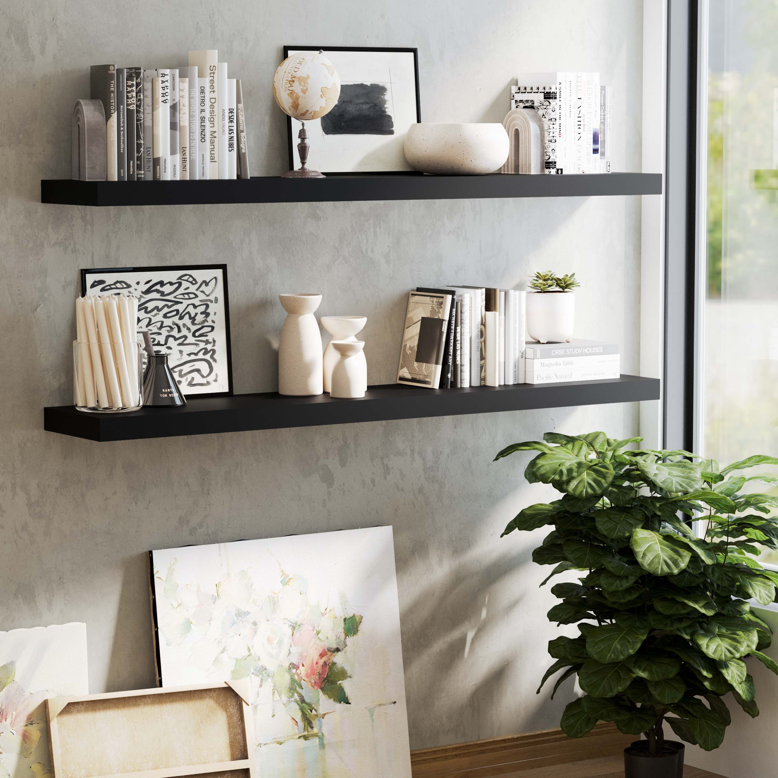 Black shelves for wall in a stylish setting, showcasing a curated selection of books, decorative vases, and unique artifacts.