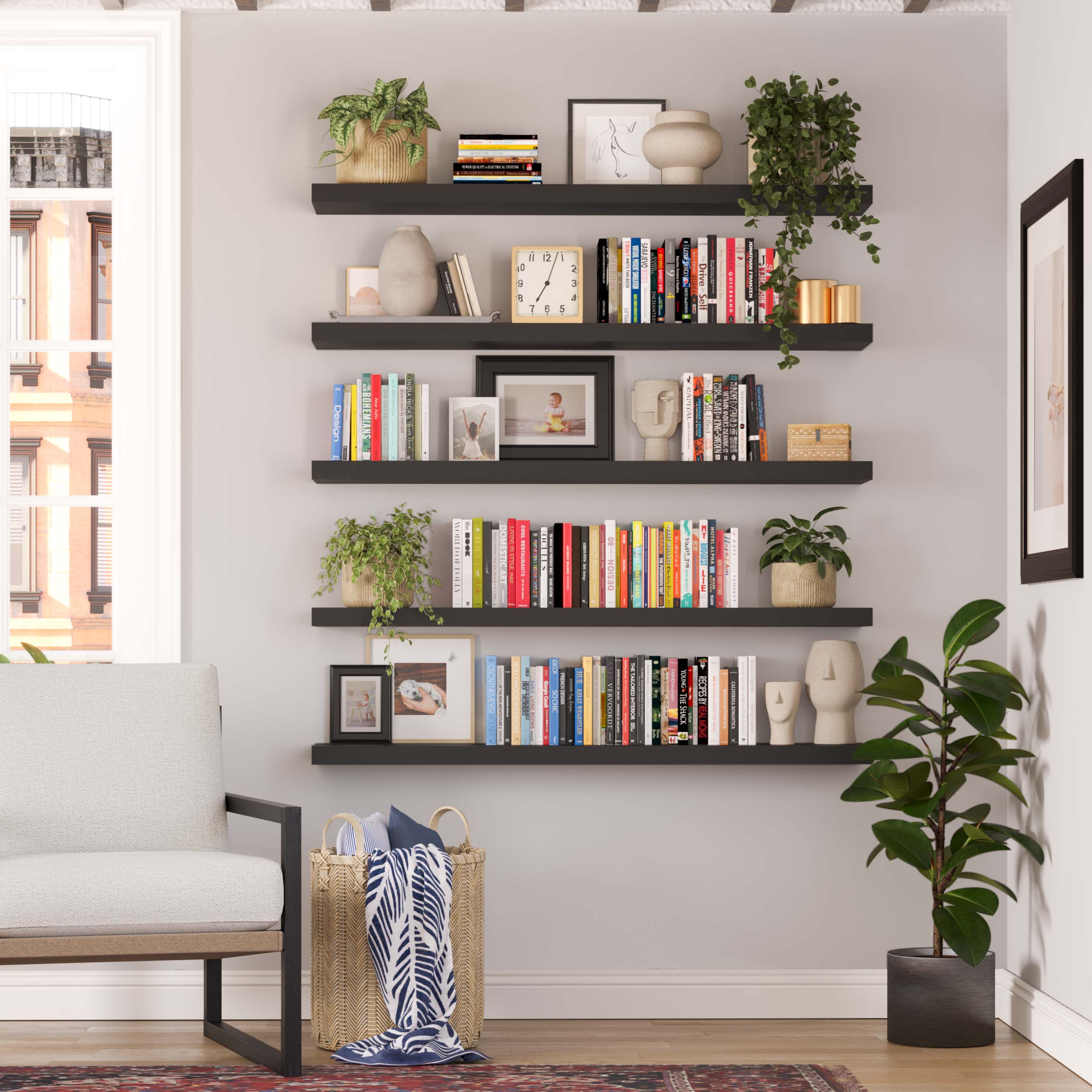 Elegant wall storage shelves black filled with books and decorative items, creating a sophisticated and inviting home library atmosphere.