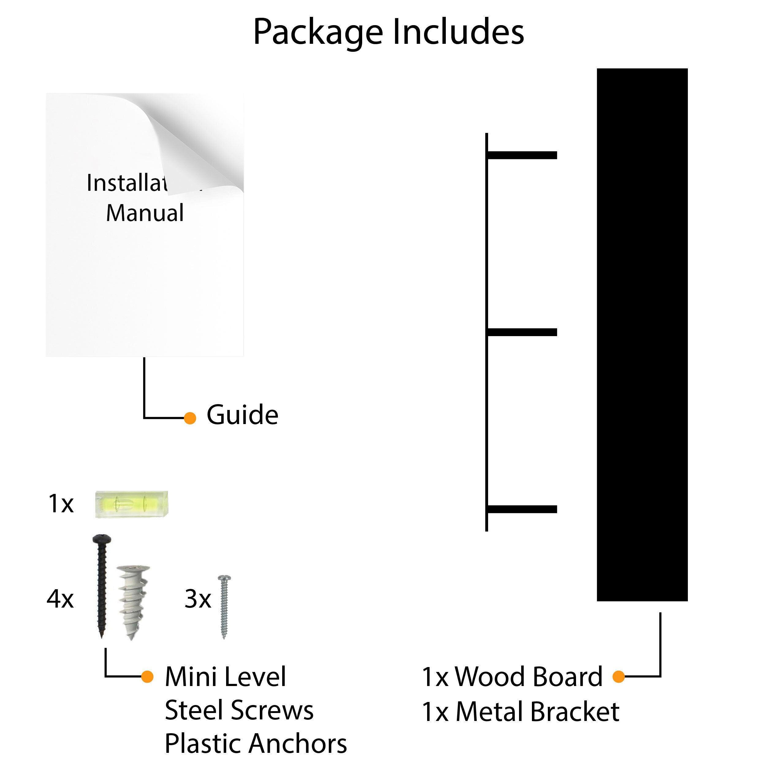 A detailed illustration showing a shelf package including an installation manual, black shelf, metal bracket, screws, anchors, and a mini level, neatly organized for easy setup.