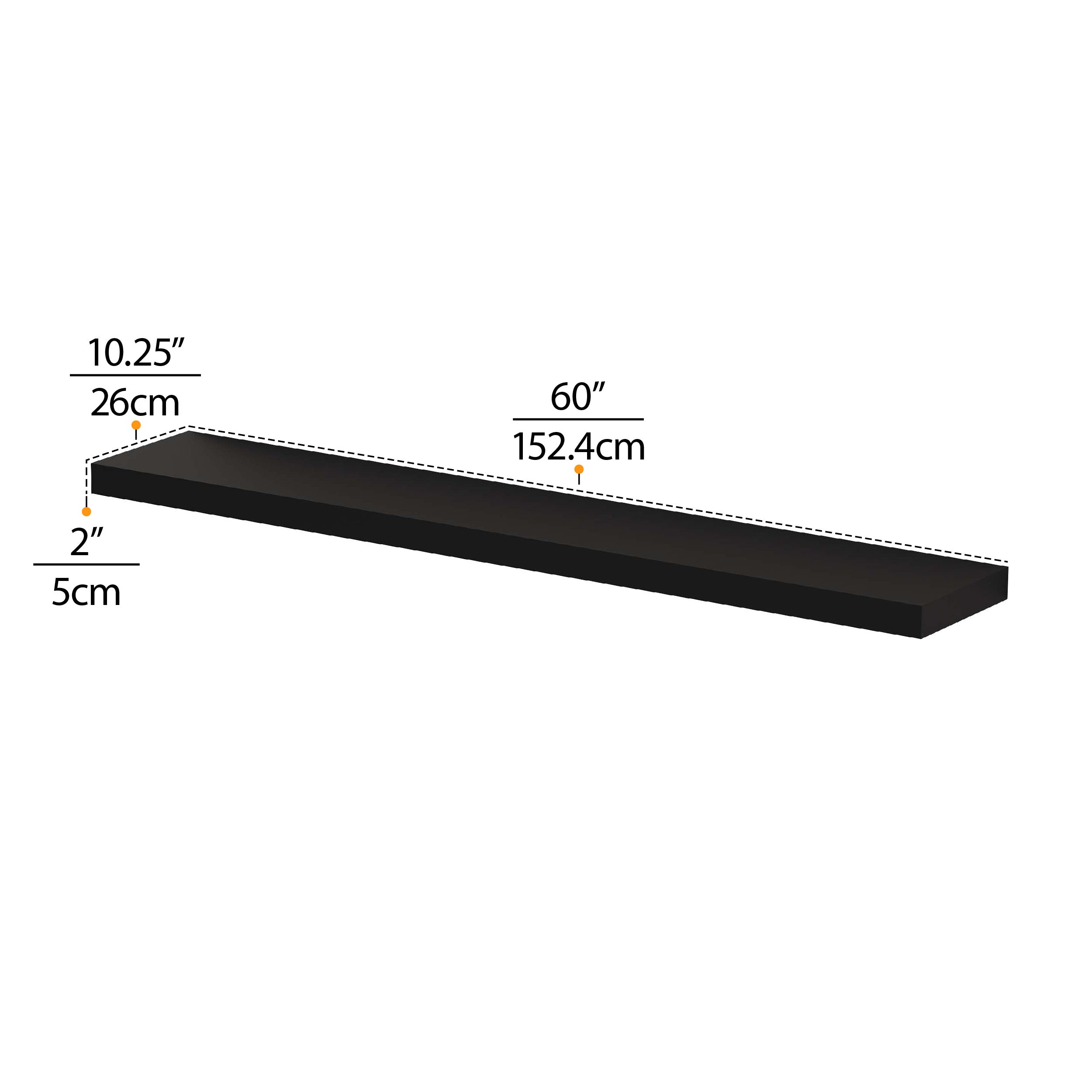 A product diagram displaying a 60" long and 10.25" deep black black wall shelf, with precise dimensions marked for clarity, ideal for home installation.
