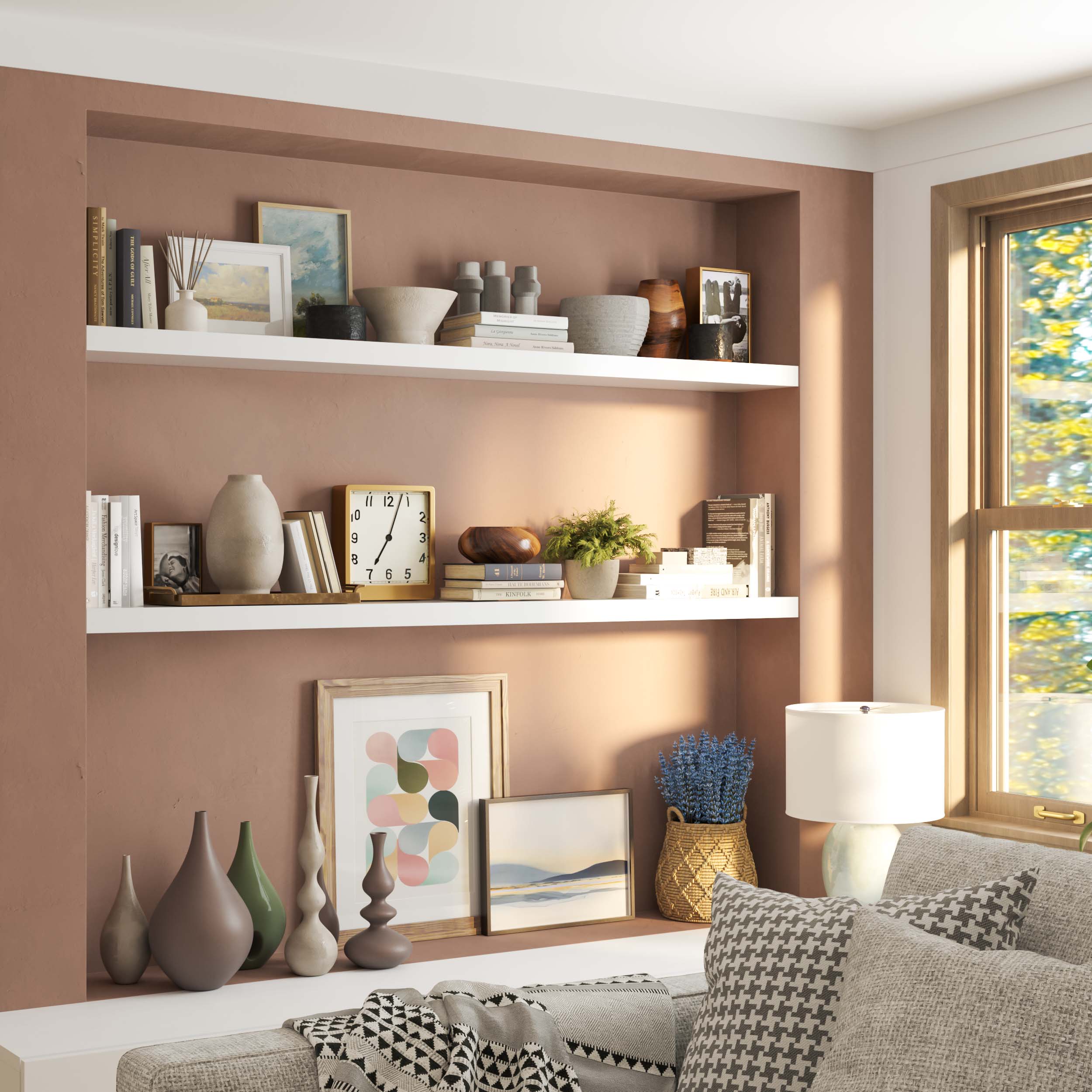 Cozy living room shelves with a mix of books, clocks, and vases in a warm, well-lit environment.