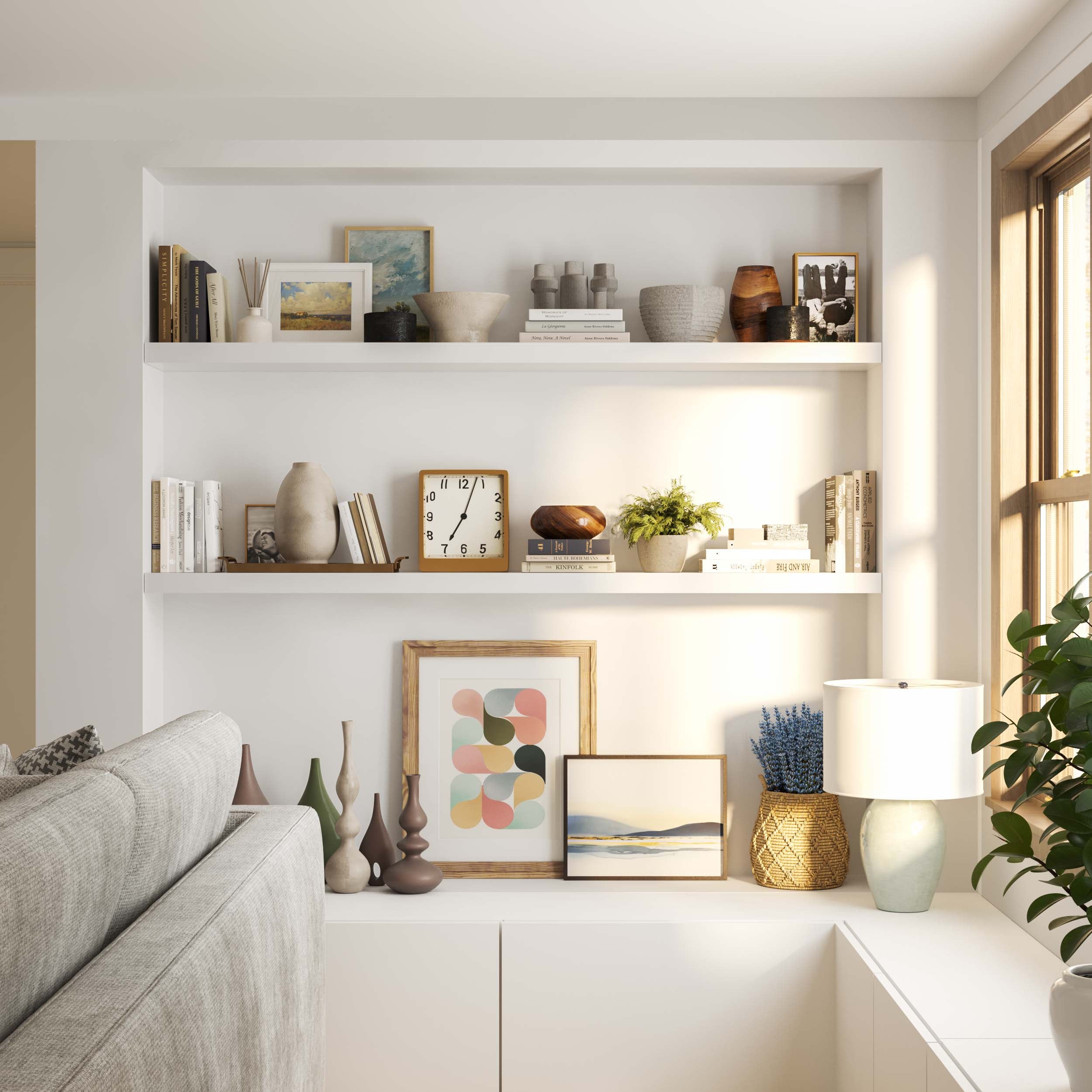 Stylishly arranged shelves featuring art prints, plants, and books, bathing in soft natural light.