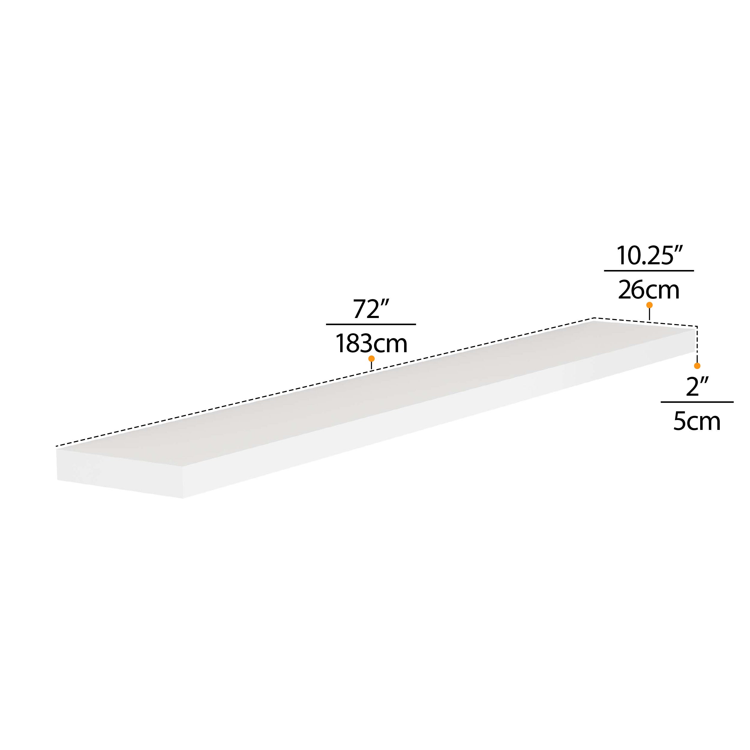 Long floating shelf white diagram, 72 inches by 10.25 inches, shows thickness of 2 inches.