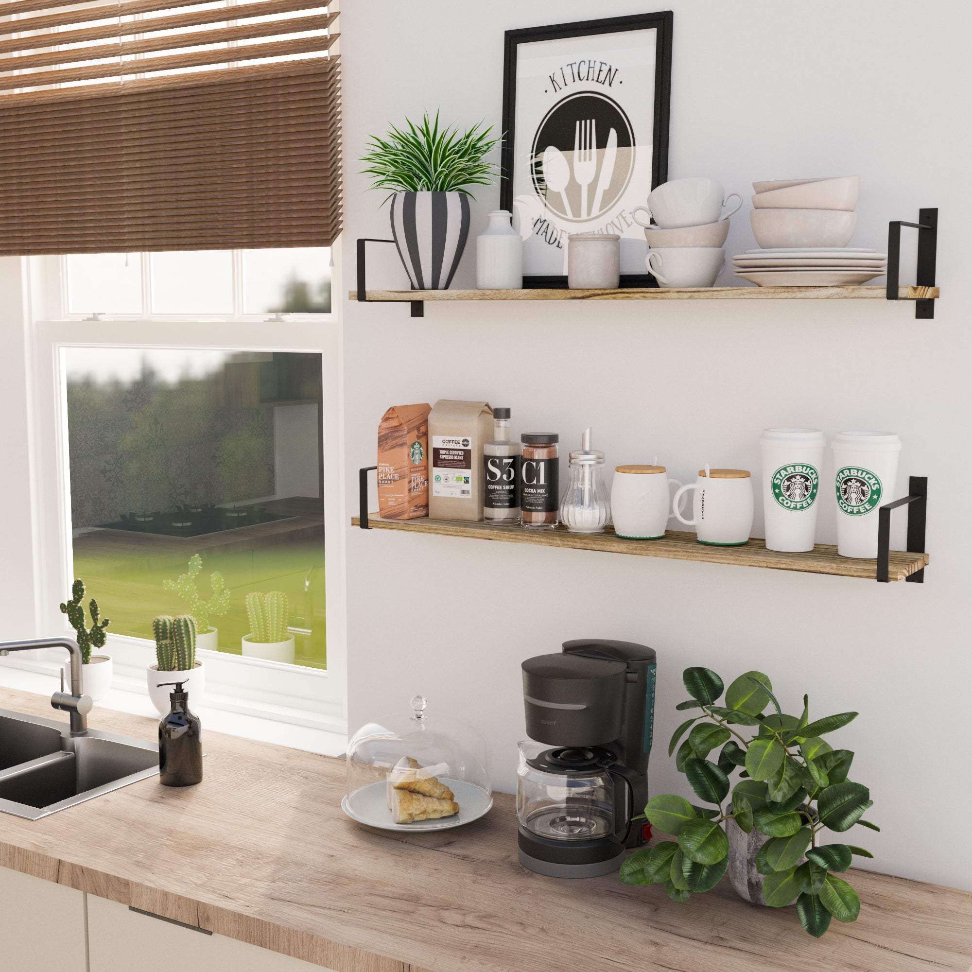 Kitchen setting with two kitchen storage shelves burnt color displaying plants, dishes, and coffee accessories by a window.