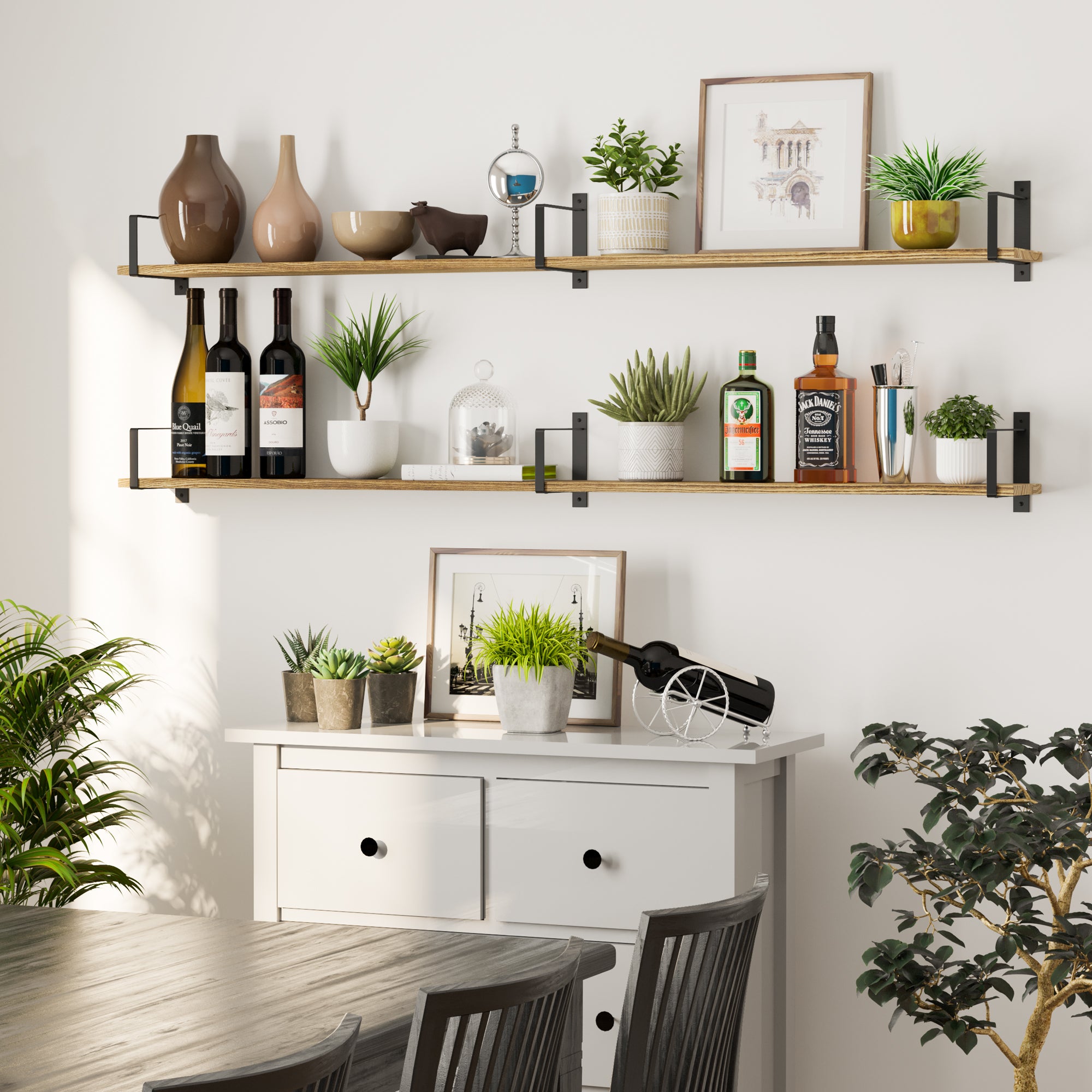 Dining area with organizer shelves burnt color decorated with vases, bottles, and plants above a white sideboard.