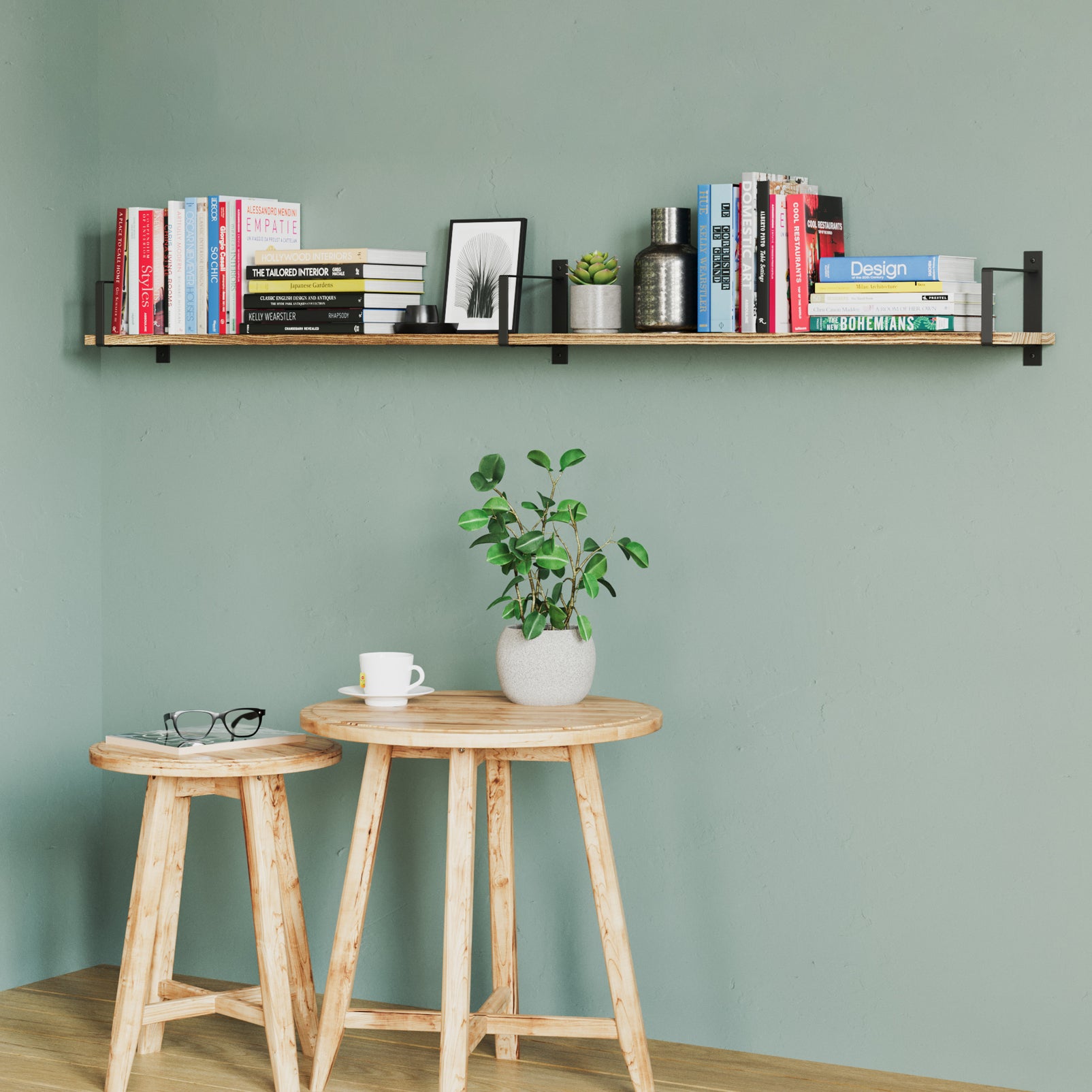Casual reading nook with wall bookshelf holding a diverse collection of books and small plants.