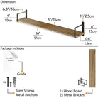 dimensions and components of a 36'' rustic shelf with black metal brackets, including screws and a manual.