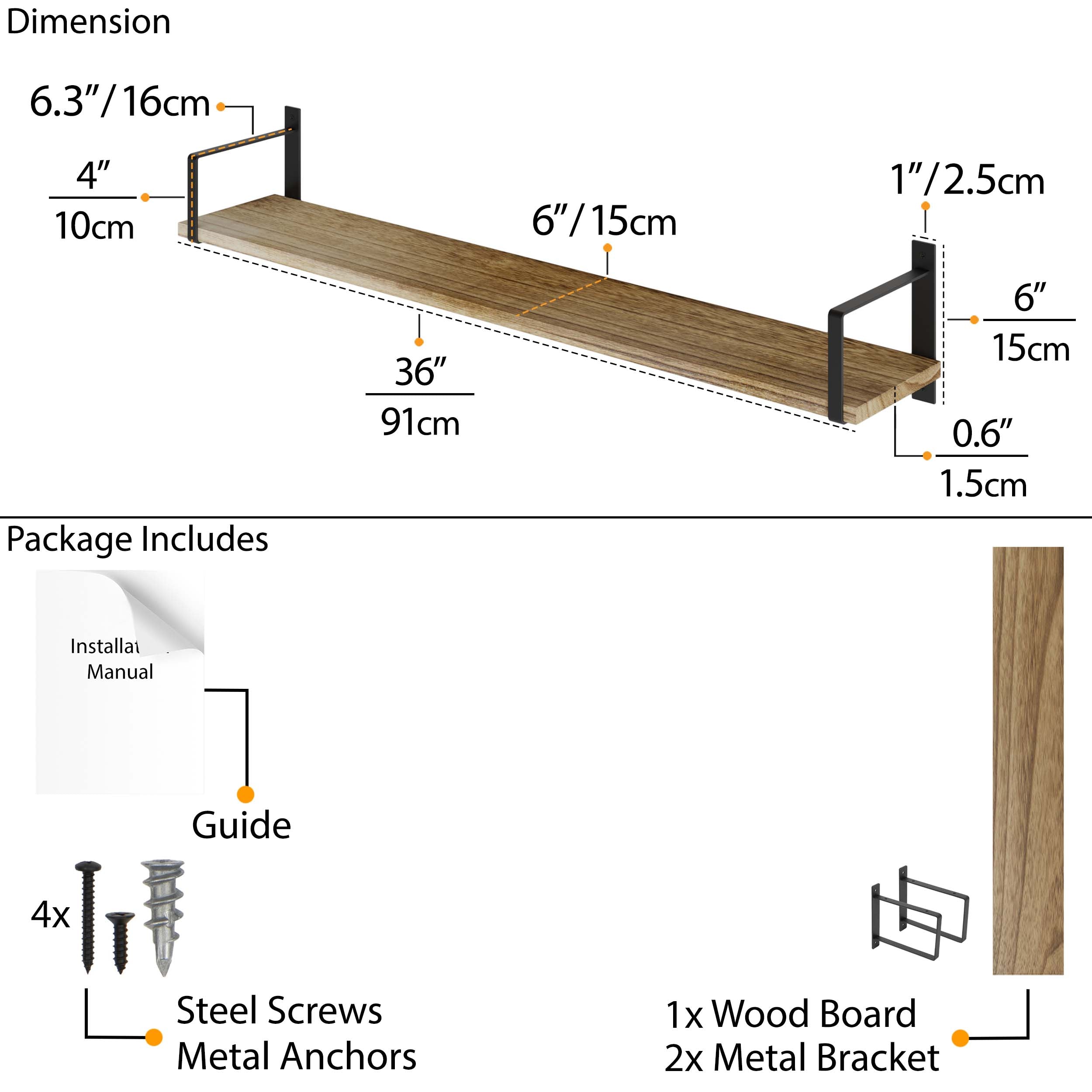 dimensions and components of a 36'' rustic shelf with black metal brackets, including screws and a manual.