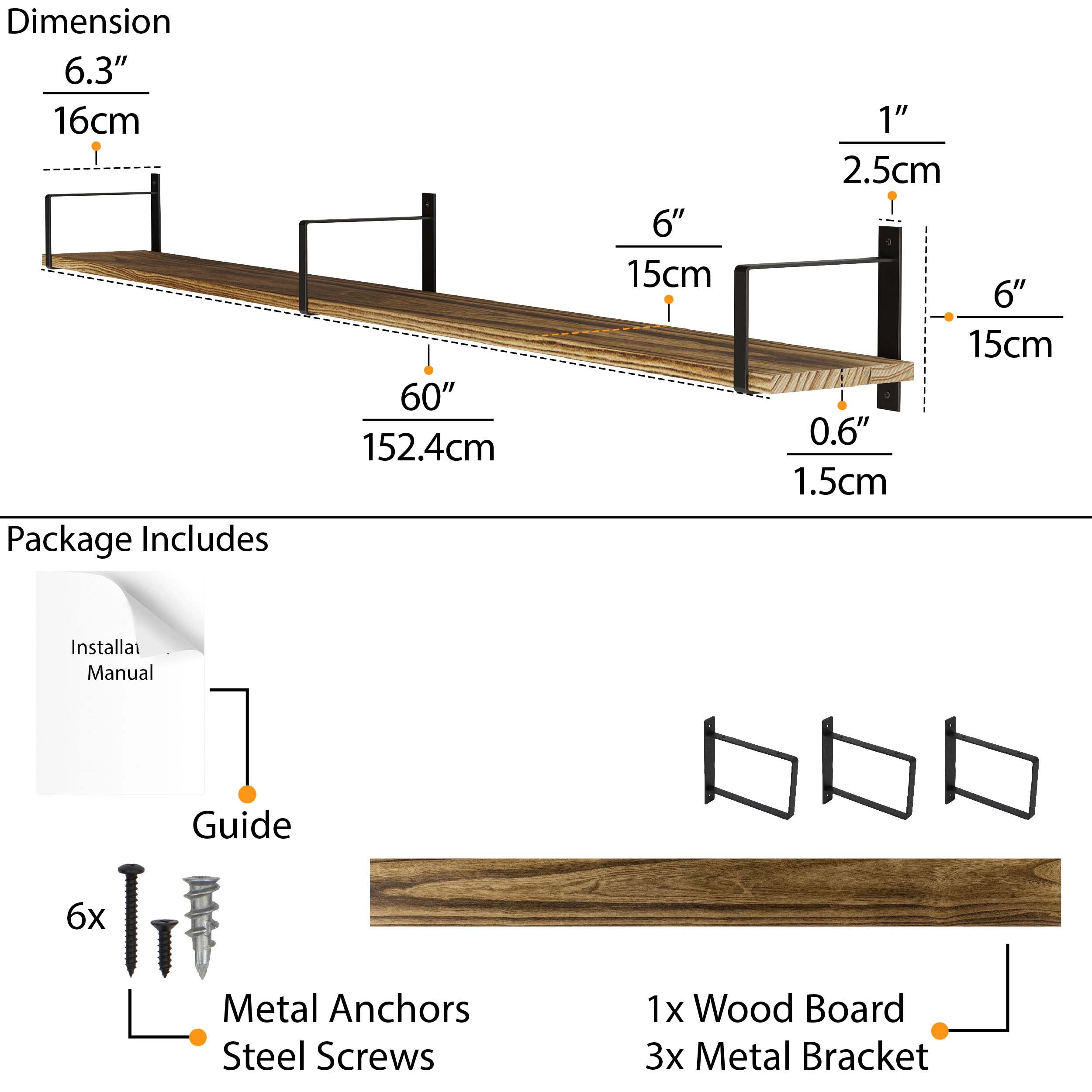 Detailed dimensions of a 60'' floating shelf burnt with black metal brackets.