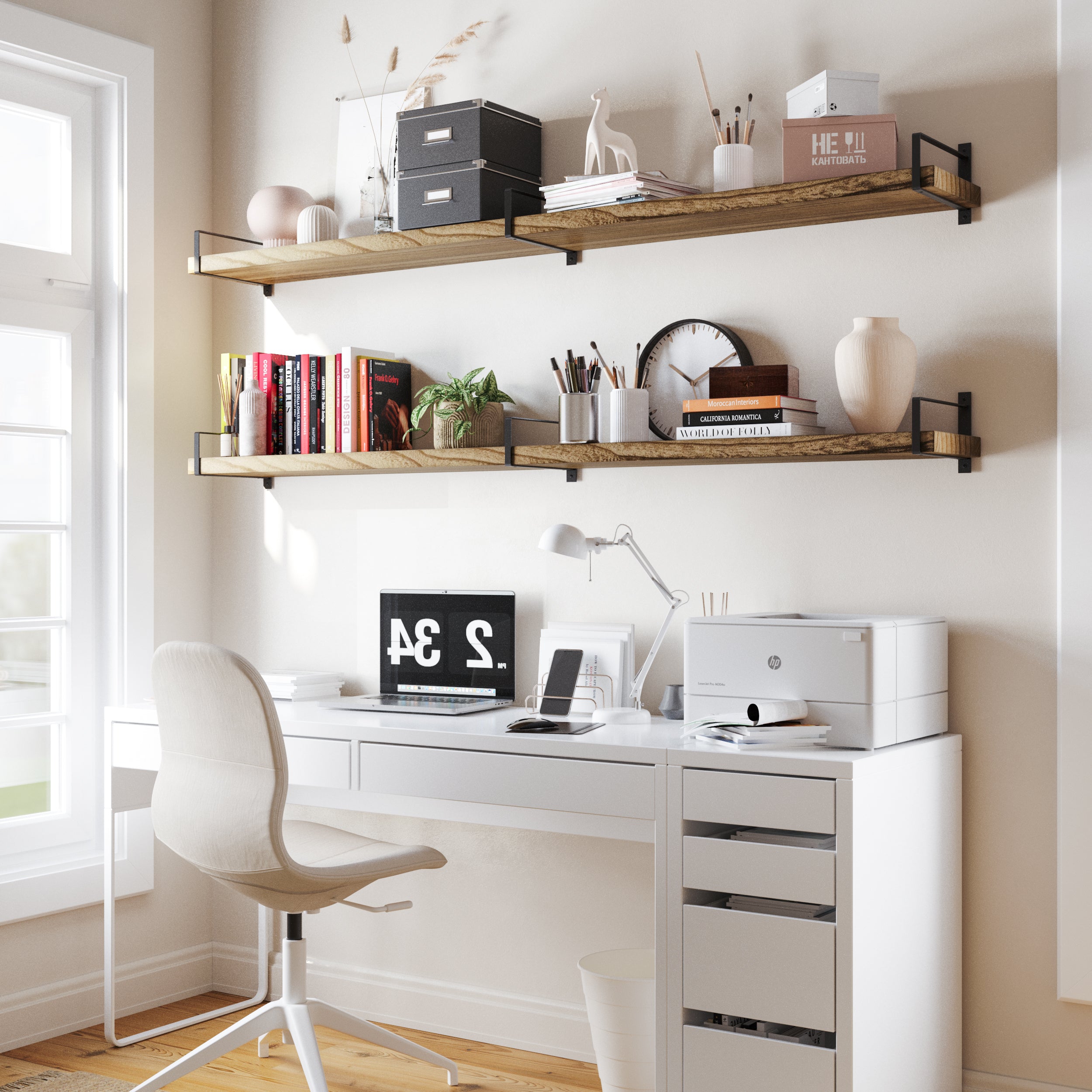 Sleek and practical, two long office shelves enhance this bright home office setup. With books, plants, and storage boxes, they offer ample space-saving storage with rustic flair.