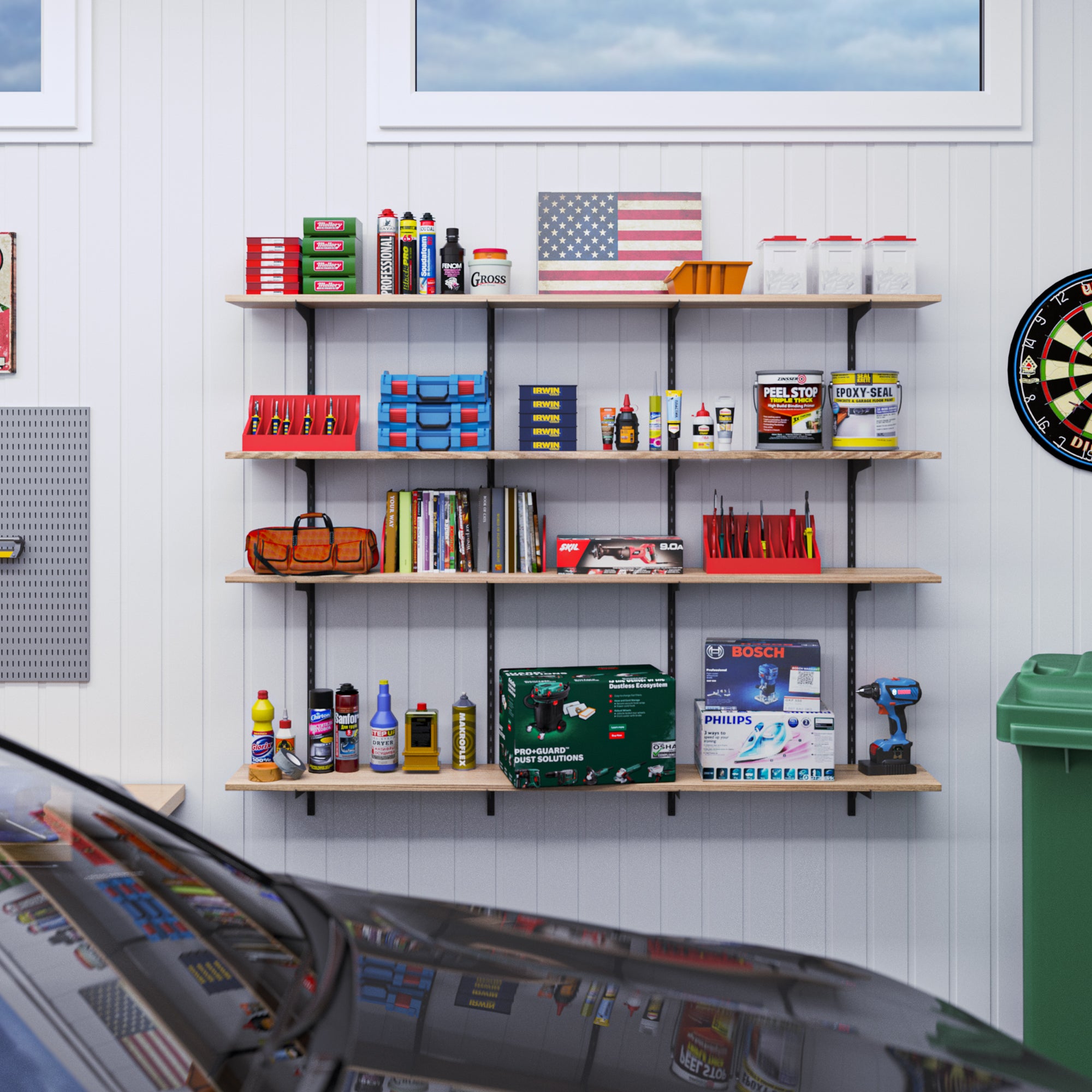 A garage wall shelf loaded with tools, automotive supplies, and storage bins, showing a highly organized and functional space for hobbies and work.