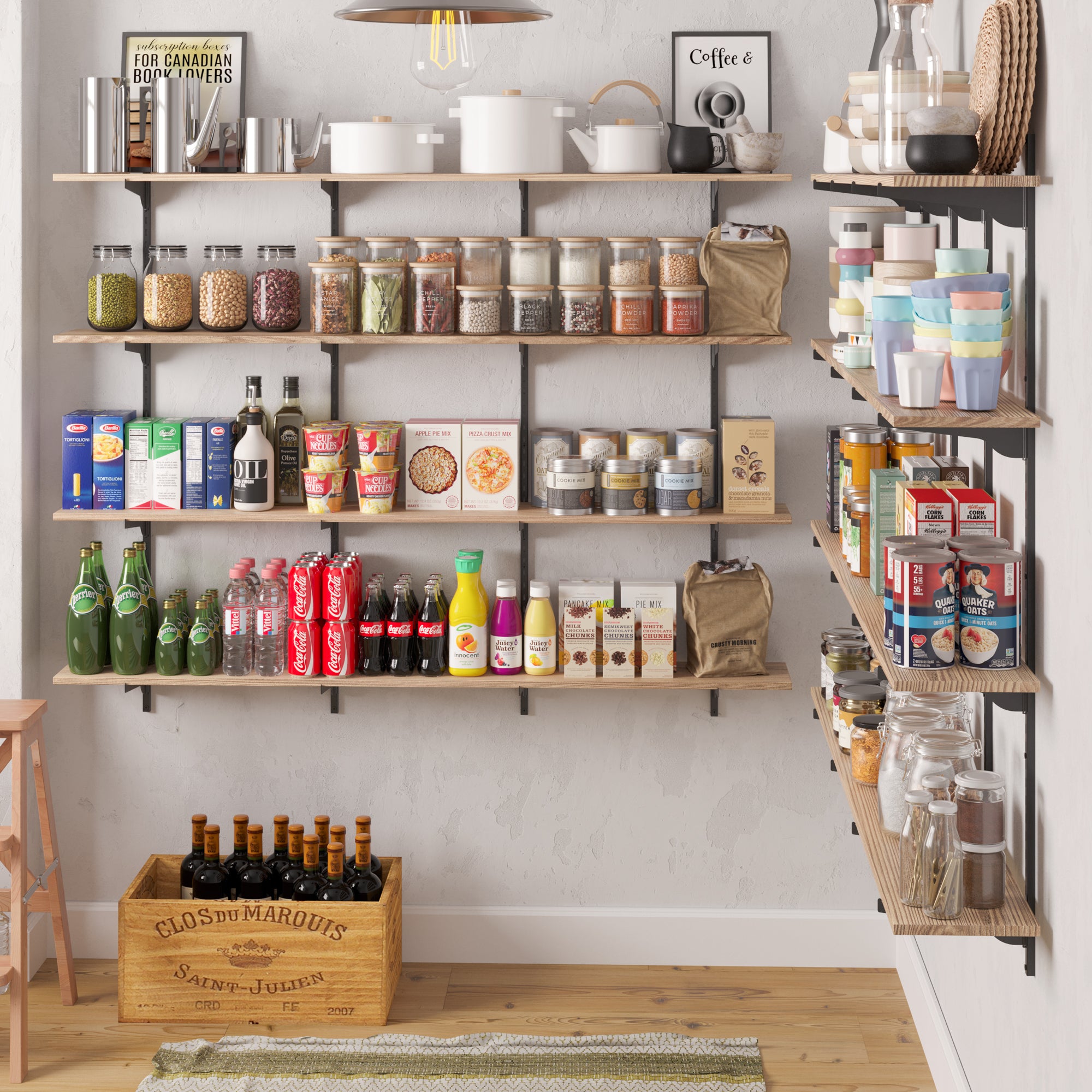 A neatly organized pantry shelf filled with bottled drinks, dry food items, and a wooden box of vintage wines, creating a rustic and functional kitchen space.