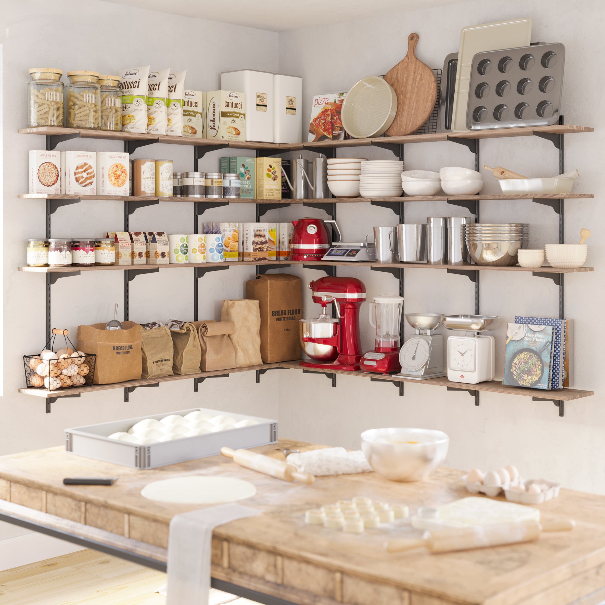 A baking station with organizer shelves burnt stocked with baking ingredients, utensils, and equipment, showcasing a functional and inviting kitchen workspace.