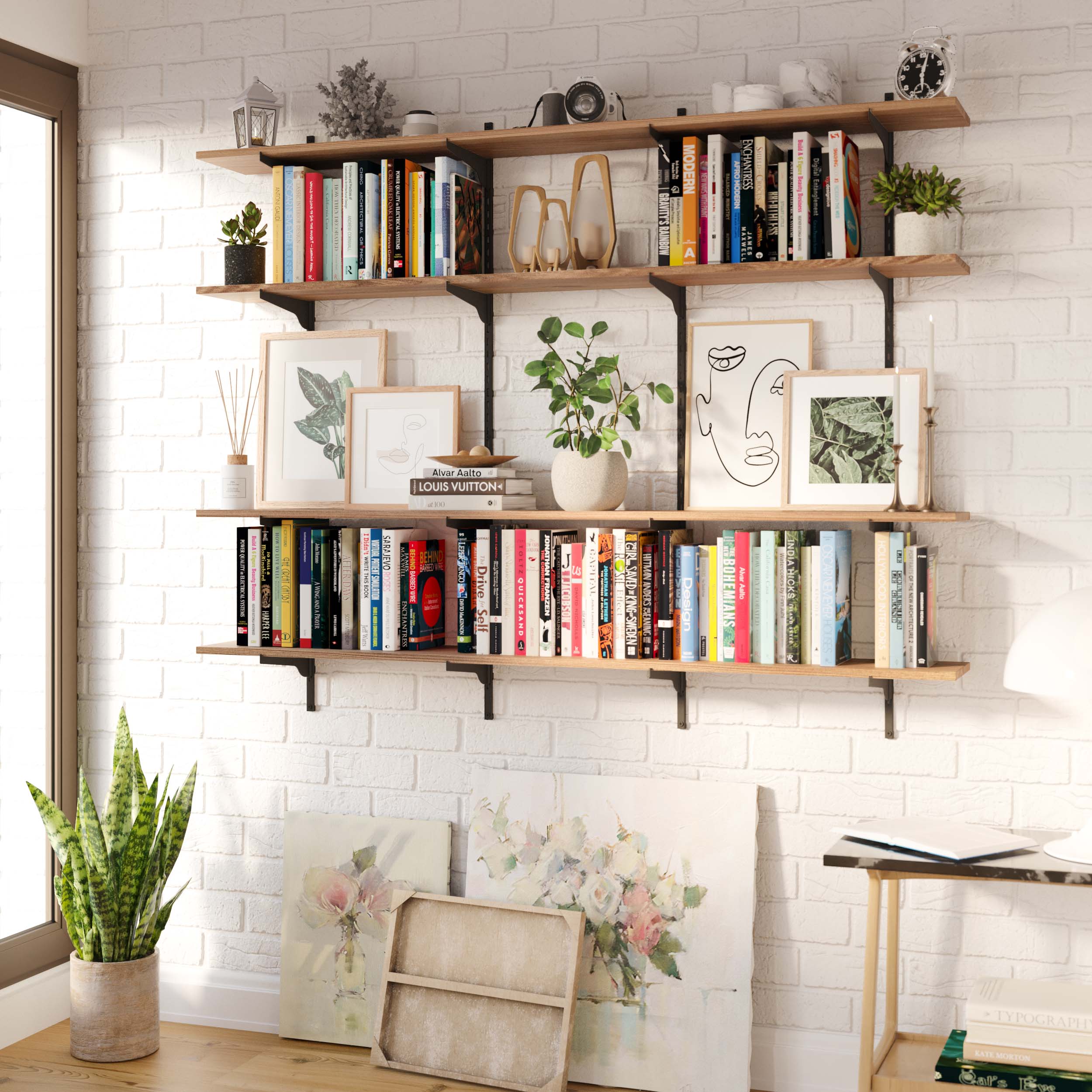  A living room bookshelf filled with books, decorative items, and plants, providing a cozy and personal atmosphere ideal for reading and relaxation.
