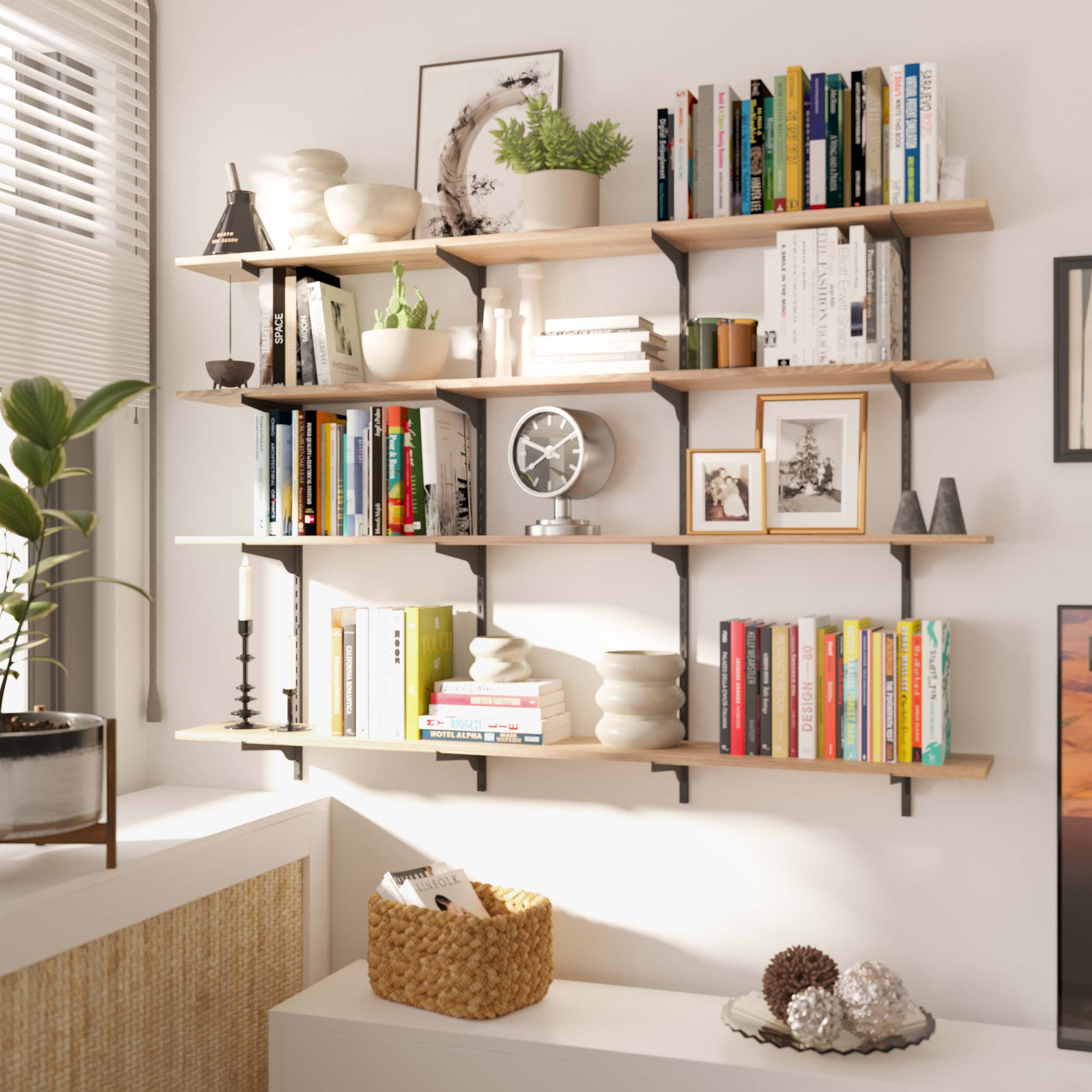 A modern shelf arrangement in a living space, featuring books, decor items, and plants, emphasizing minimalist design and natural elements.