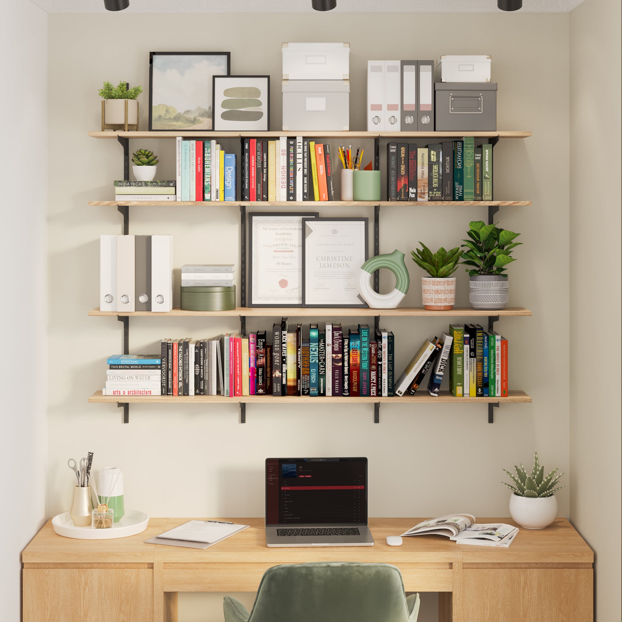 An organized home office shelf with books, documents, and decor, creating an efficient workspace that is also visually appealing.