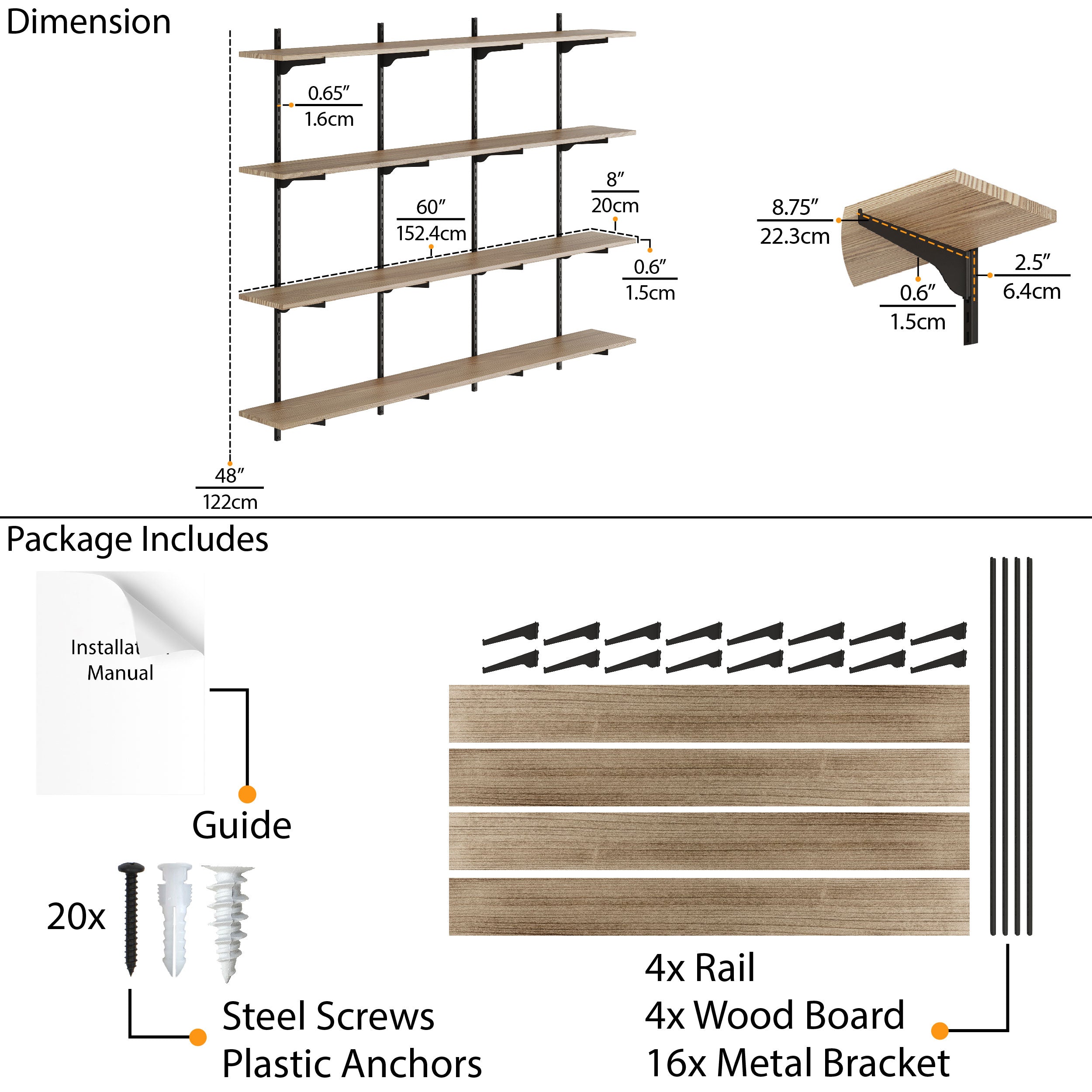 Technical schematic of a 60'' wall storage shelf burnt, showing dimensions, components included in the package such as screws and brackets, useful for installation guidance.
