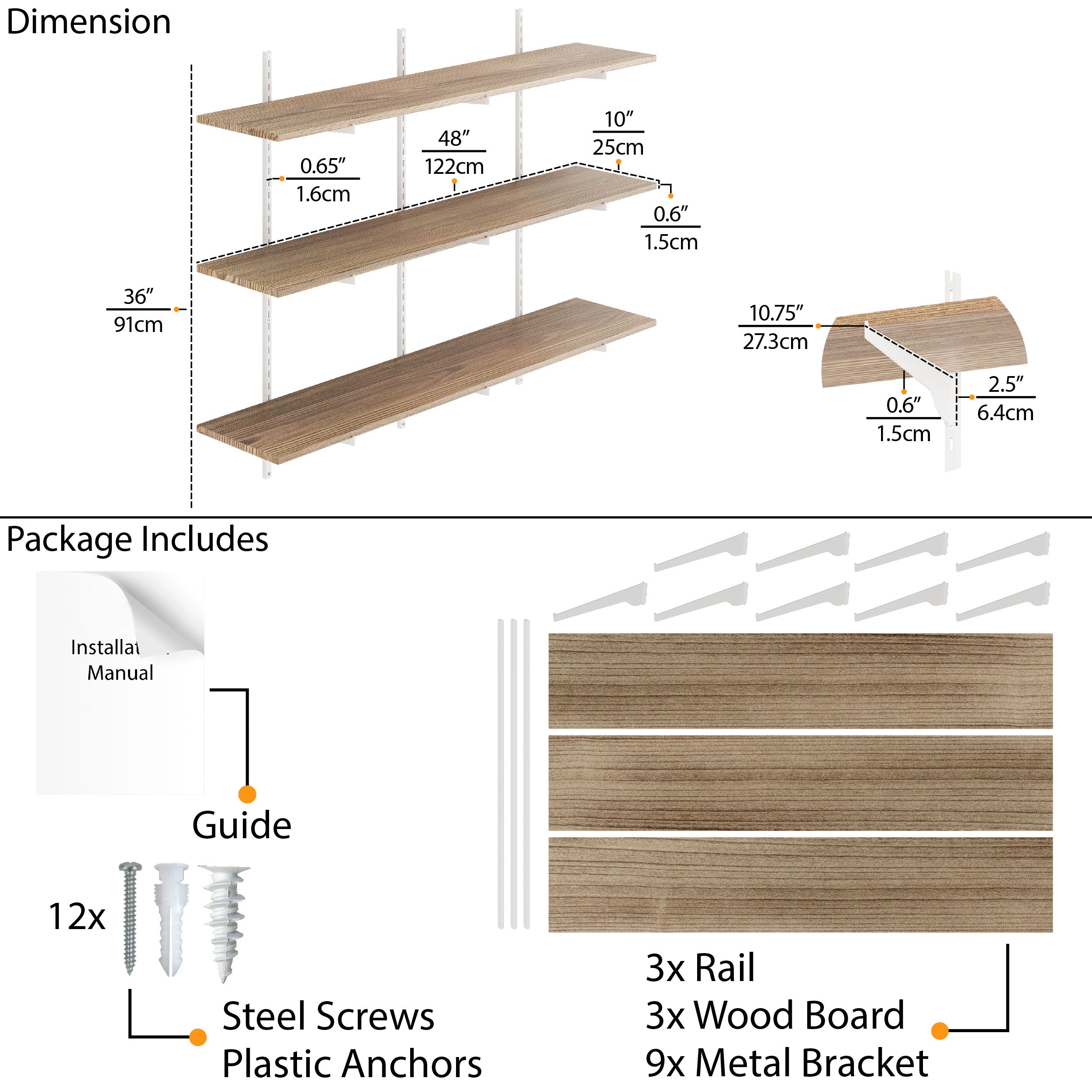 Detailed specifications of 48'' wooden floating shelves burnt with dimensions and package contents.
