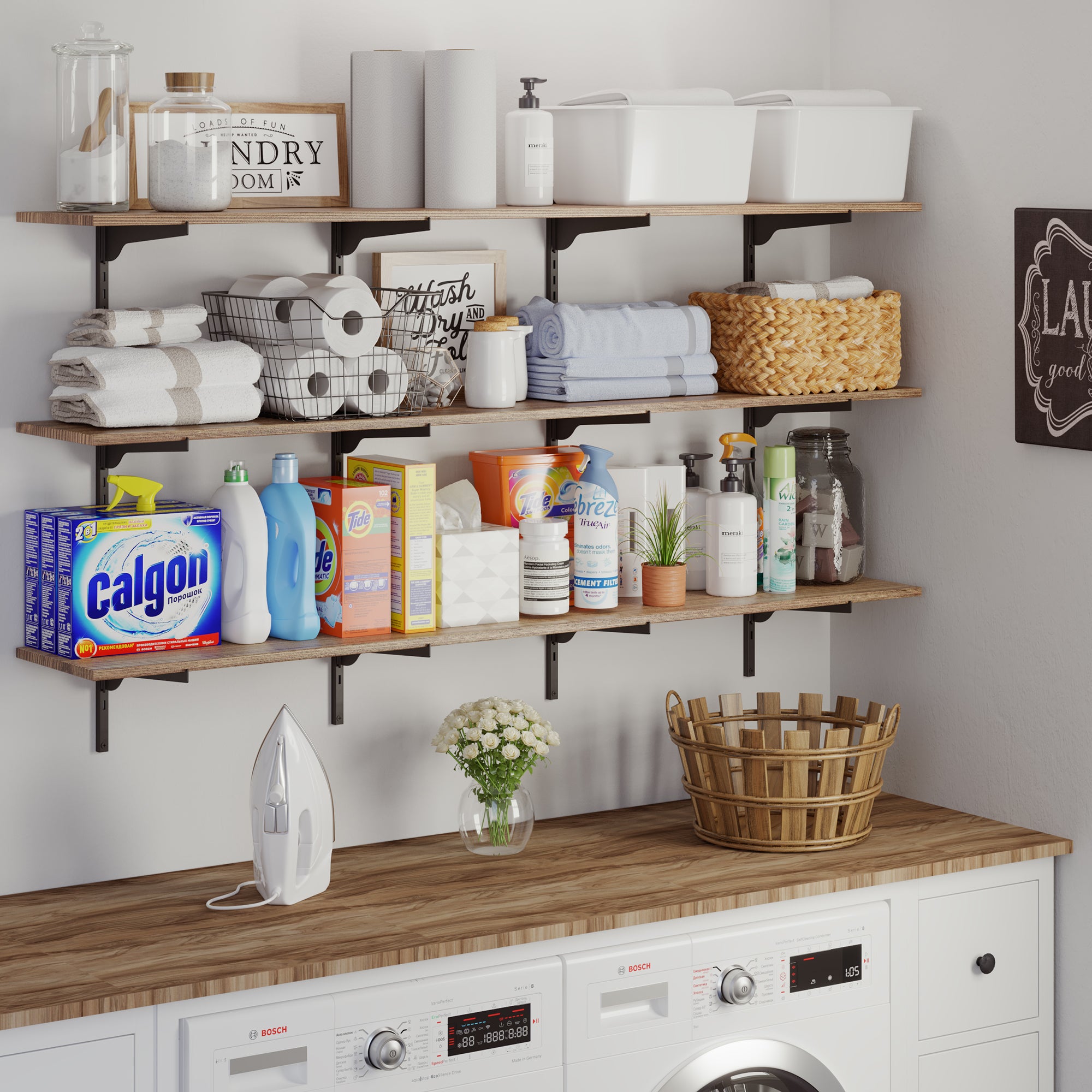 Laundry room storage with wooden shelves, black brackets, laundry essentials, and woven baskets on a washer and dryer.