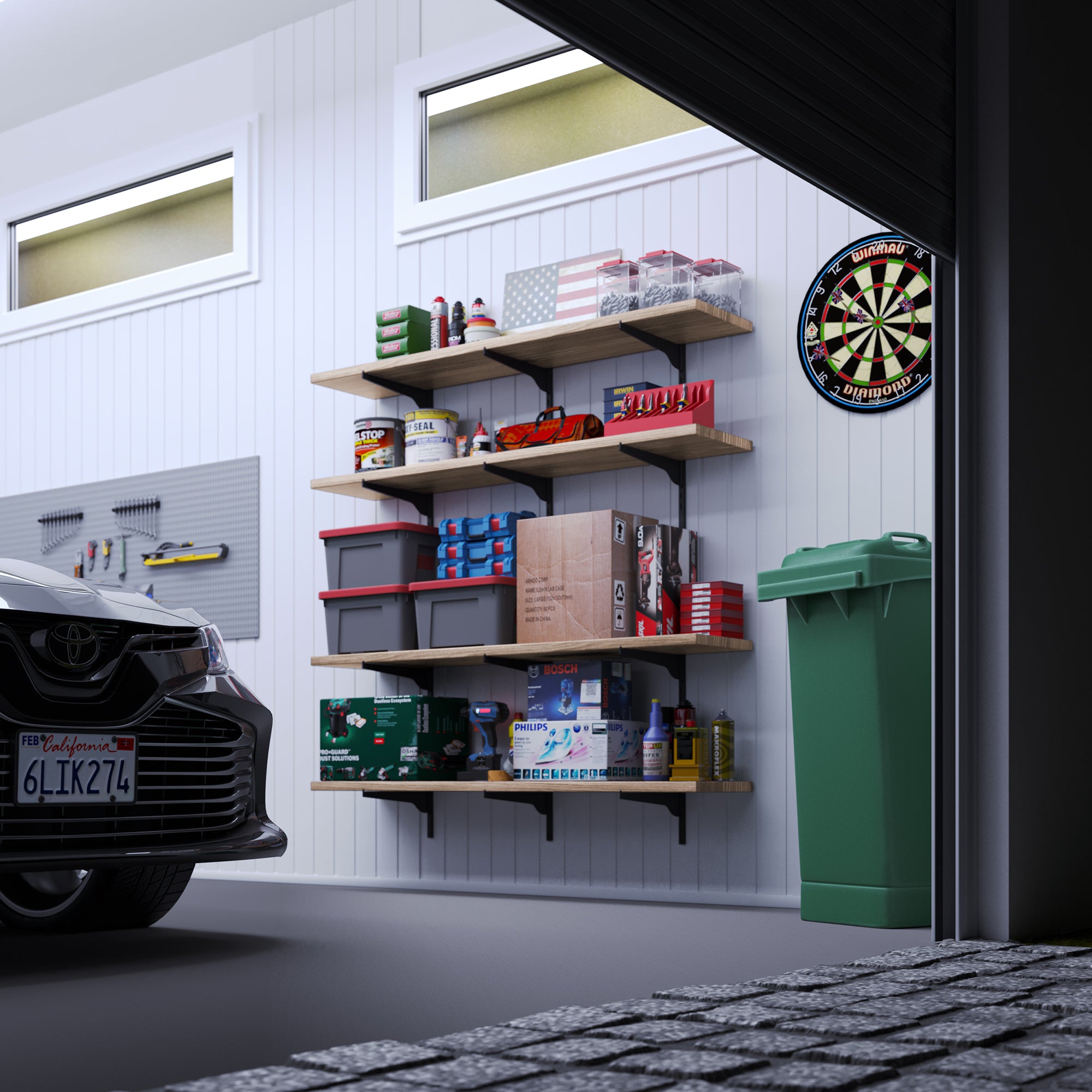 A well-organized garage scene with storage shelves, various tools, a dartboard, and part of a car visible.