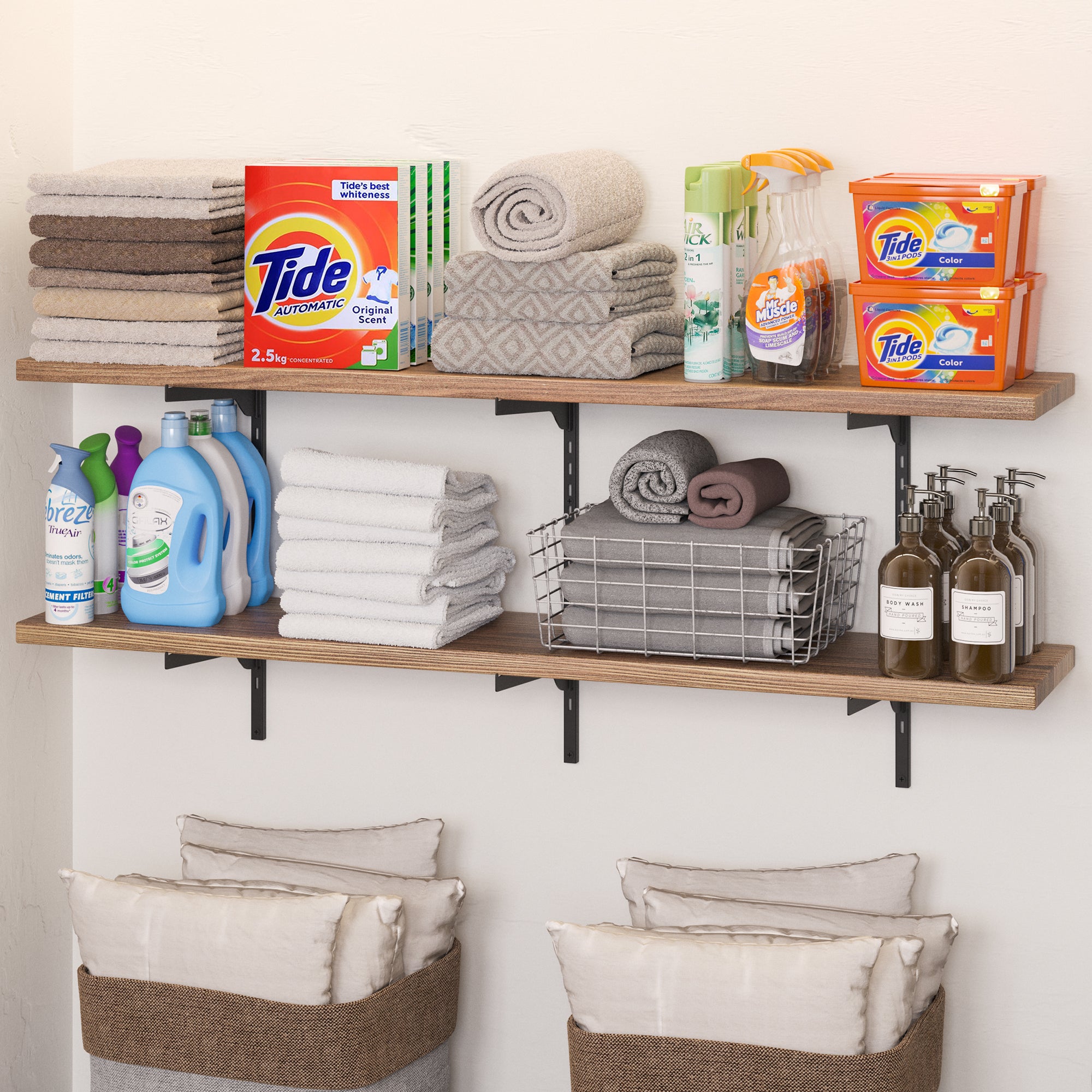 Laundry room shelves burnt neatly stocked with towels, detergents, and a wire basket.