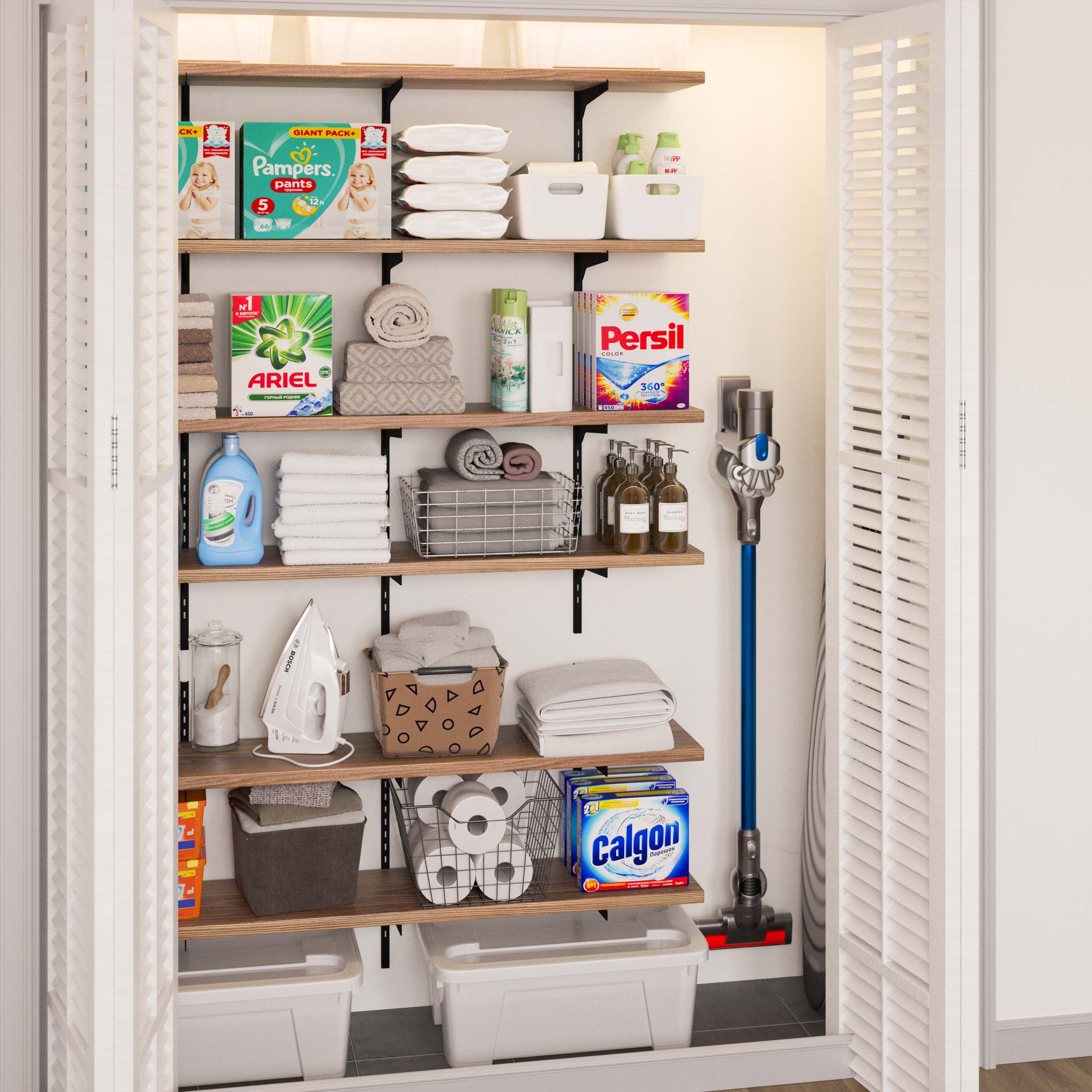 A utility closet with closet organizer shelves full of household items like detergents, towels, and cleaning tools.