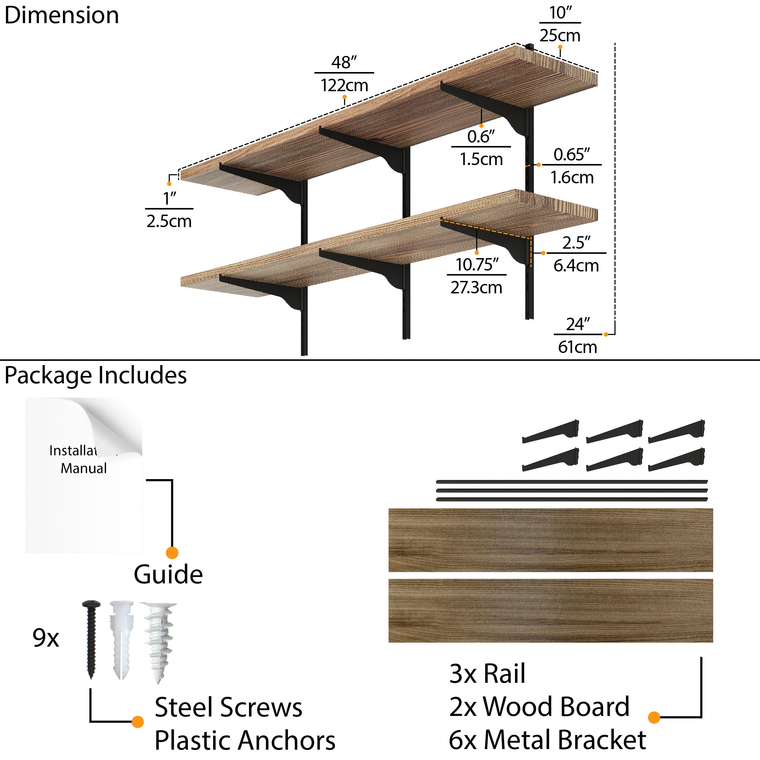 A diagram of 48'' wooden floating shelves, showing dimensions in inches and centimeters, with components list.