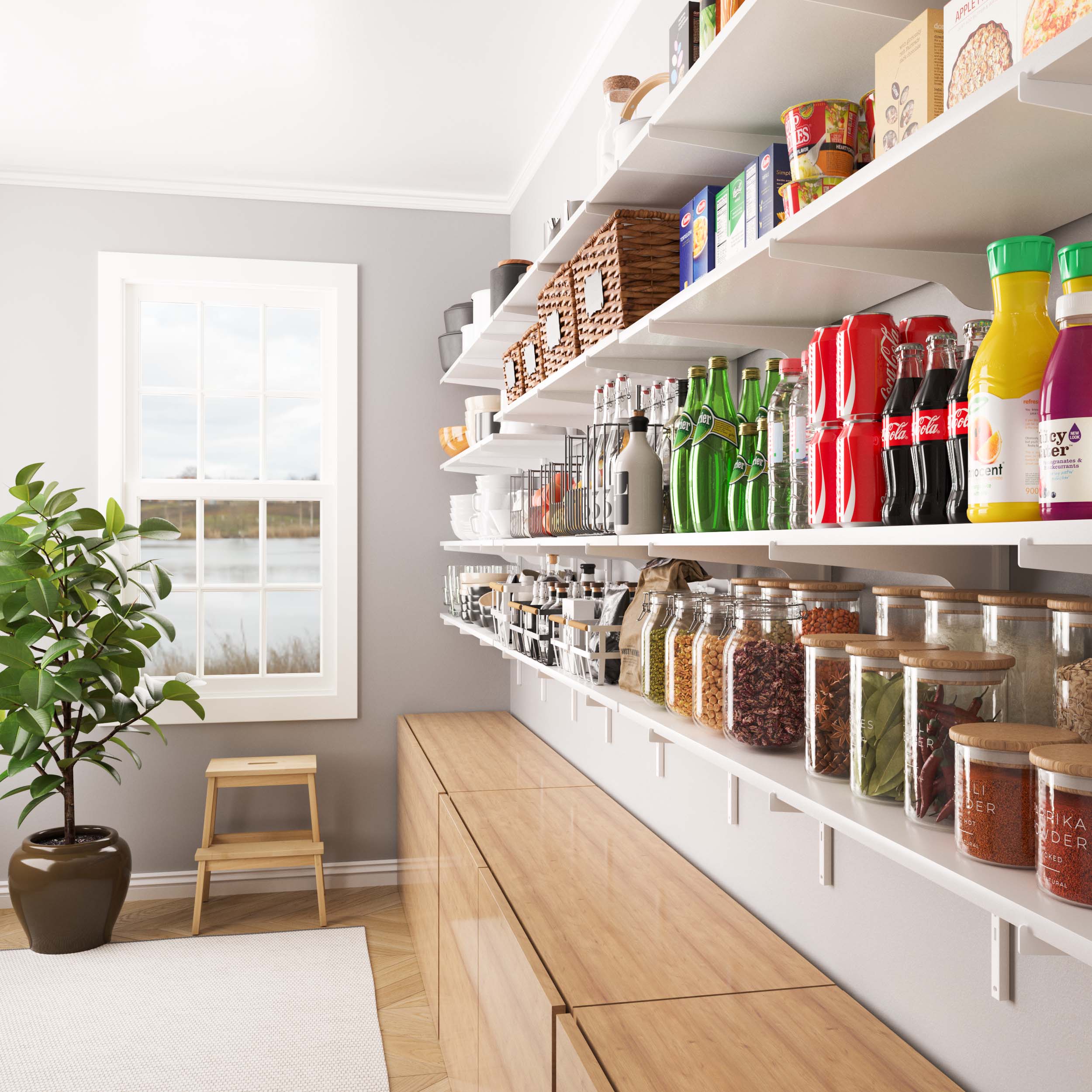 A pantry area with open 4 tier shelving unit storing food, jars, bottles, and kitchenware.
