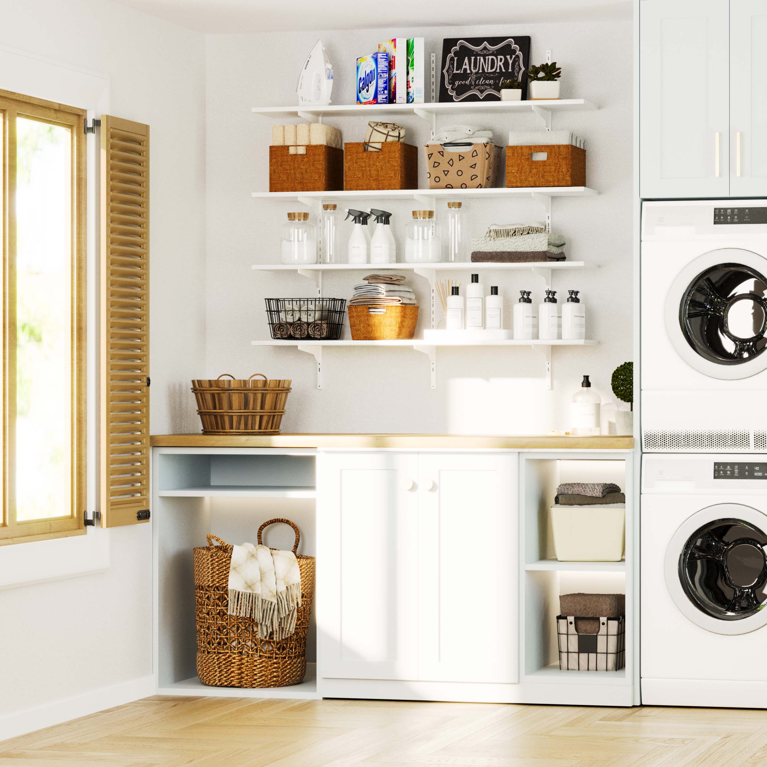 Laundry room with 48'' organizer shelves filled with towels, baskets, and washing essentials.