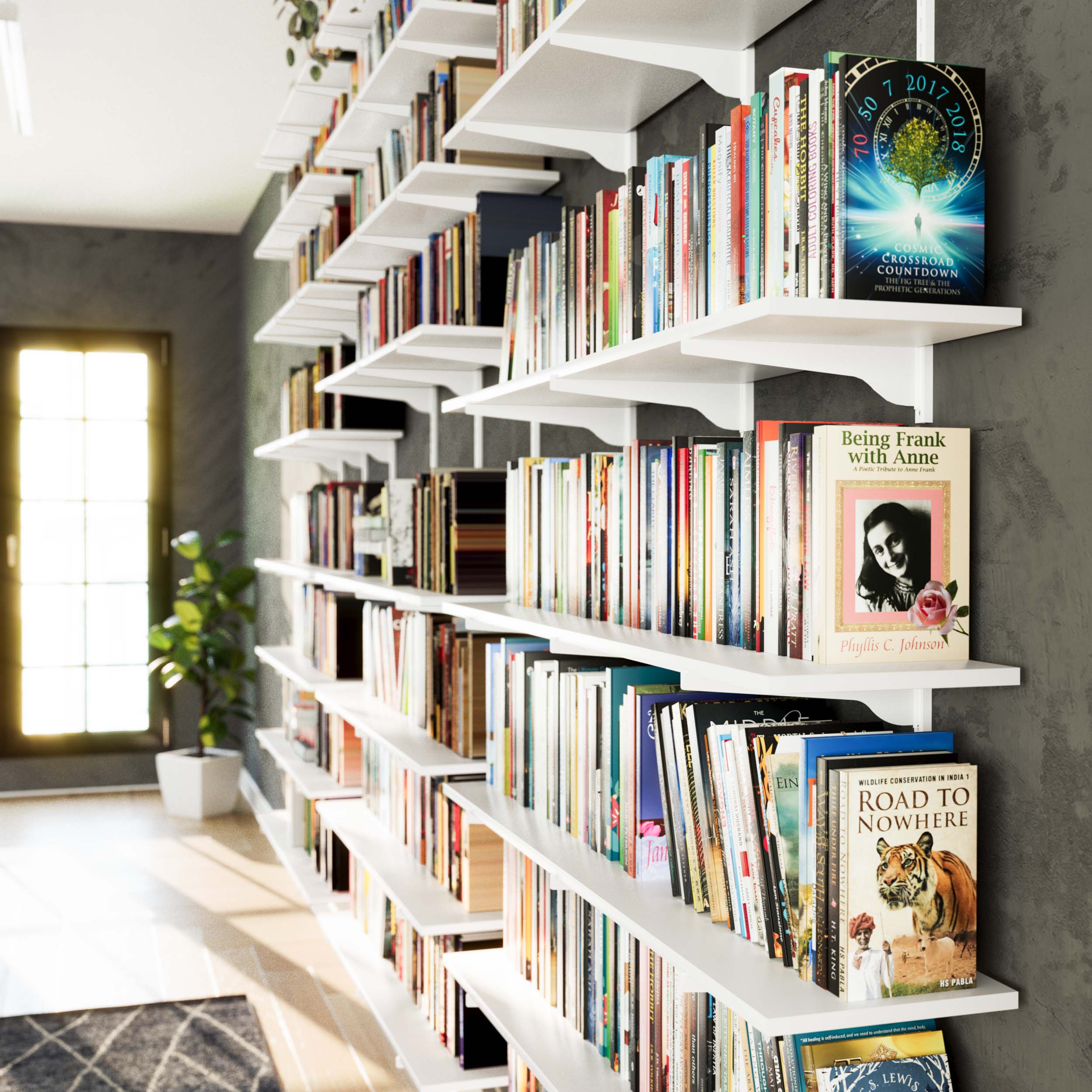 Living room with wall shelves white displaying books, art, and plants above cozy beige sofas.